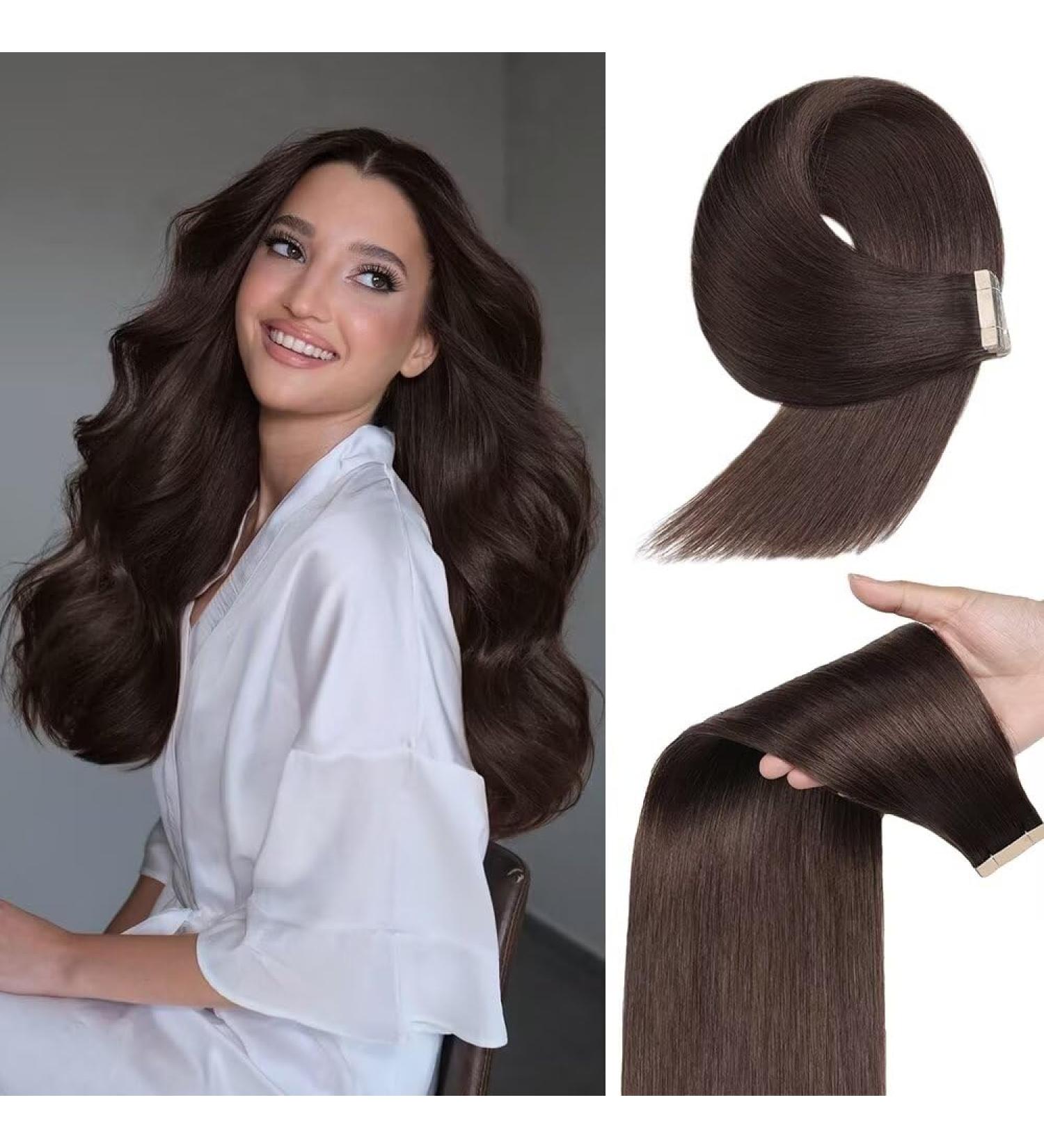 YDDM 20Pcs Dark Brown Invisible Tape Hair Extensions - 18 Inch Real Hair Weft for Seamless Volume & Length - Buy Online on GoSupps.com