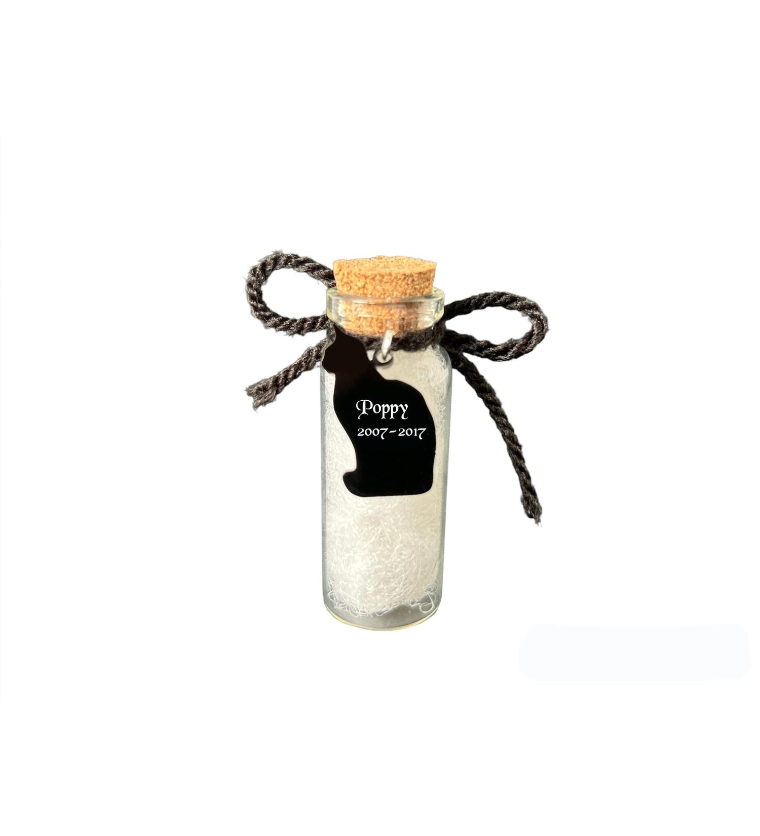 KC Laser Crafts Personalised Pet Hair Cat Memorial glass bottle Glass vial for hair fur or Ashes with Black Acrylic Charm Tribute for Remembering Pets - Buy Online on GoSupps.com