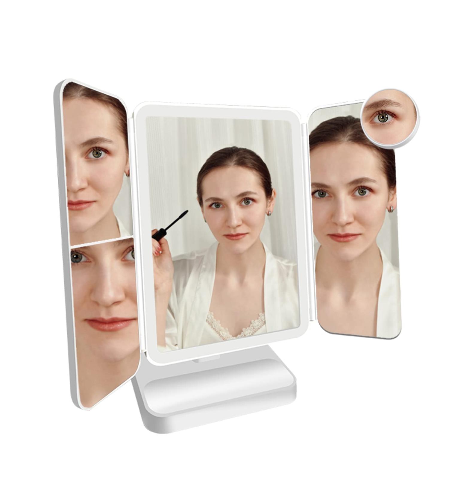 LISSAHNE 360 Foldable Trifold Makeup Mirror with Touch Control & LED Light Strip - 2X 3X 10X Magnifying, USB Rechargeable - Portable & Compact Vanity Mirror in White - Buy Online on GoSupps.com