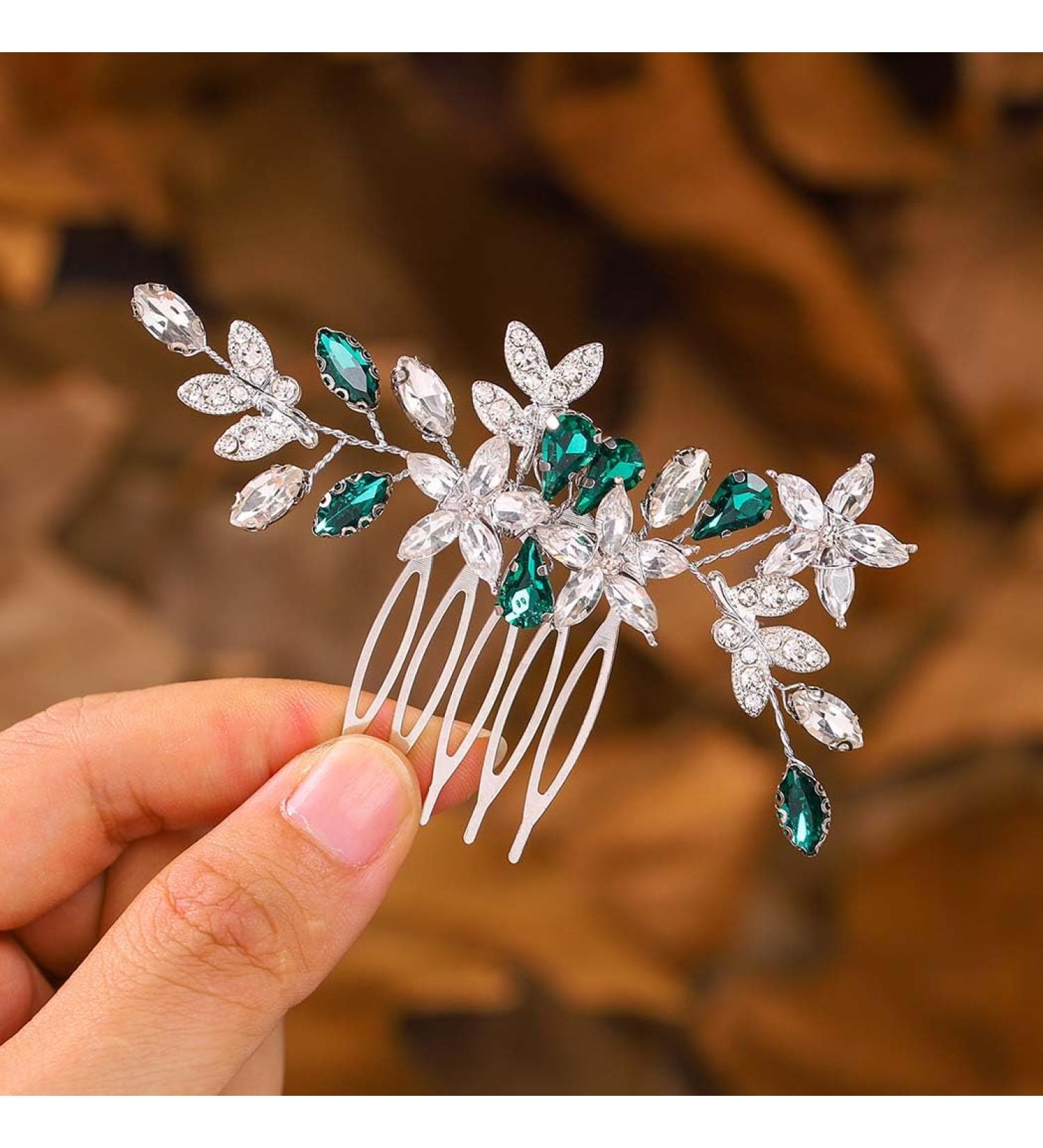 IYOU Crystal Wedding Hair Comb for Women Green Rhinestone Bridal Hair Accessories Flower Headpiece Prom Guest Hair Piece for Brides and Bridesmaids - Buy Online on GoSupps.com