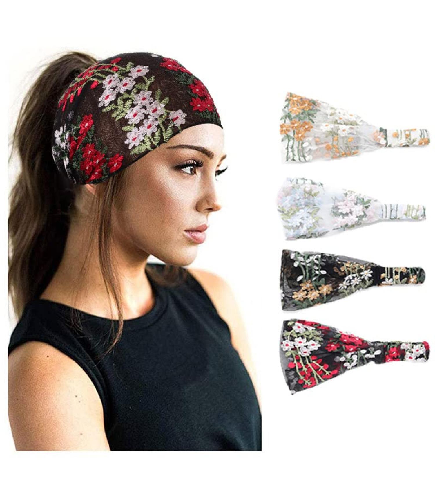 Urieo Lace Headbands Set - Champagne Flower Embroidery Hairbands for Women - Wide Floral Headband for Workout & Vacation - Stretchy Fashion Bandeau Hair Accessories (Set of 4) - Buy Online on GoSupps.com