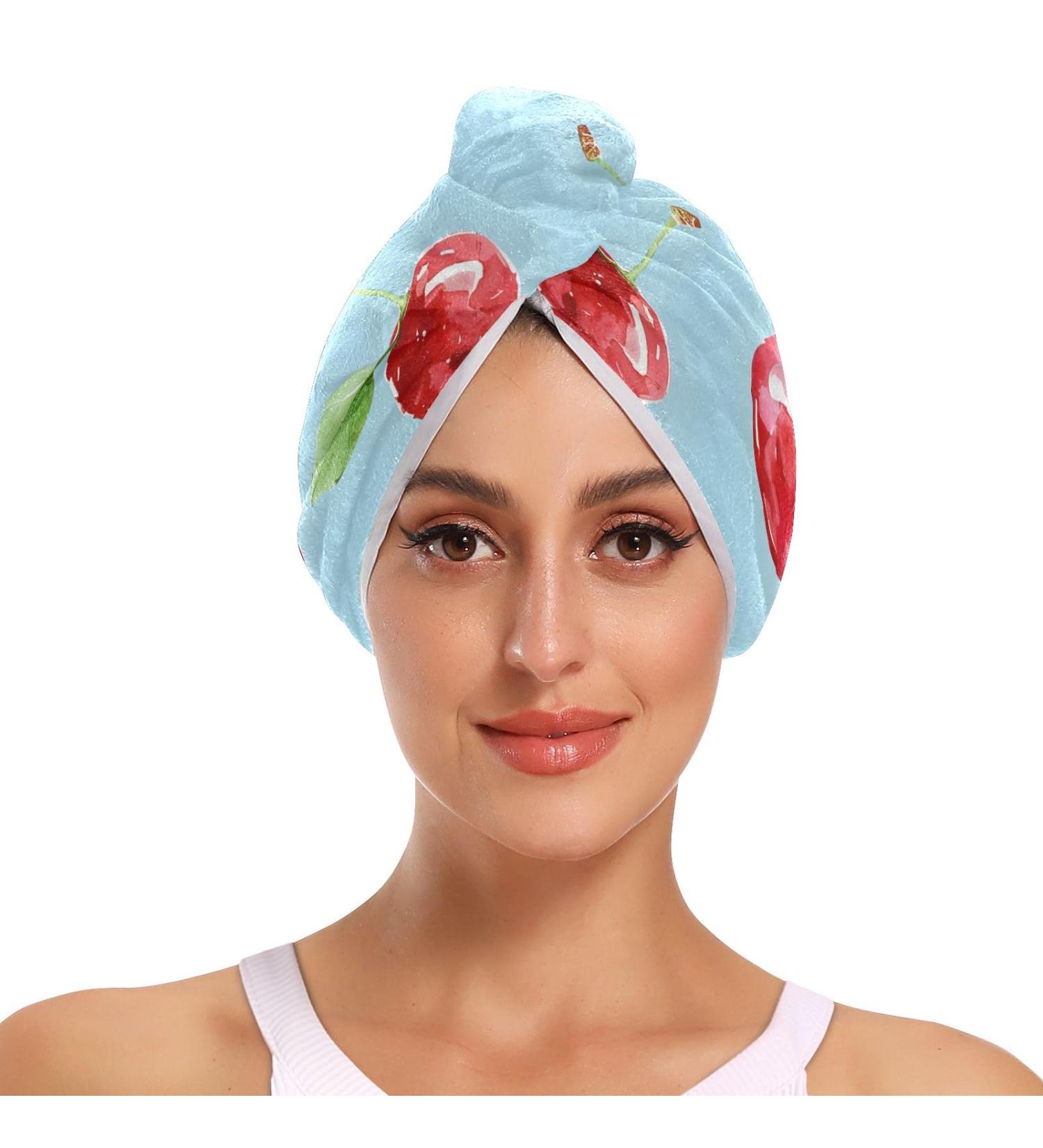 Red Cherry Blue Hair Towel 2 Pack - Super Absorbent Quick Dry Hair Turban for Women & Girls - Buy Online on GoSupps.com