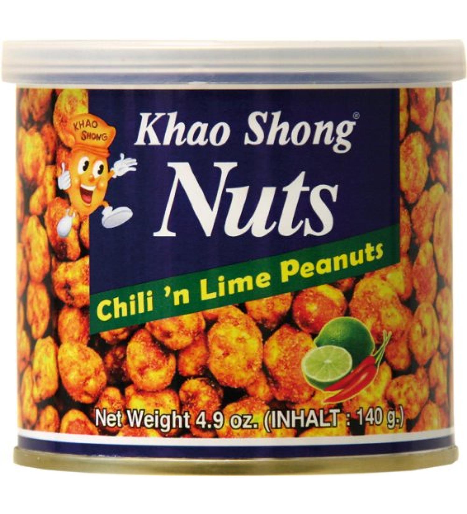 Khao Shong Khao Shong Chili 'n Lime Peanuts chili and lime coated peanuts crunchy nuts in a fruity and sharp paste coating paper-based snack (6 x 140g boxes)
