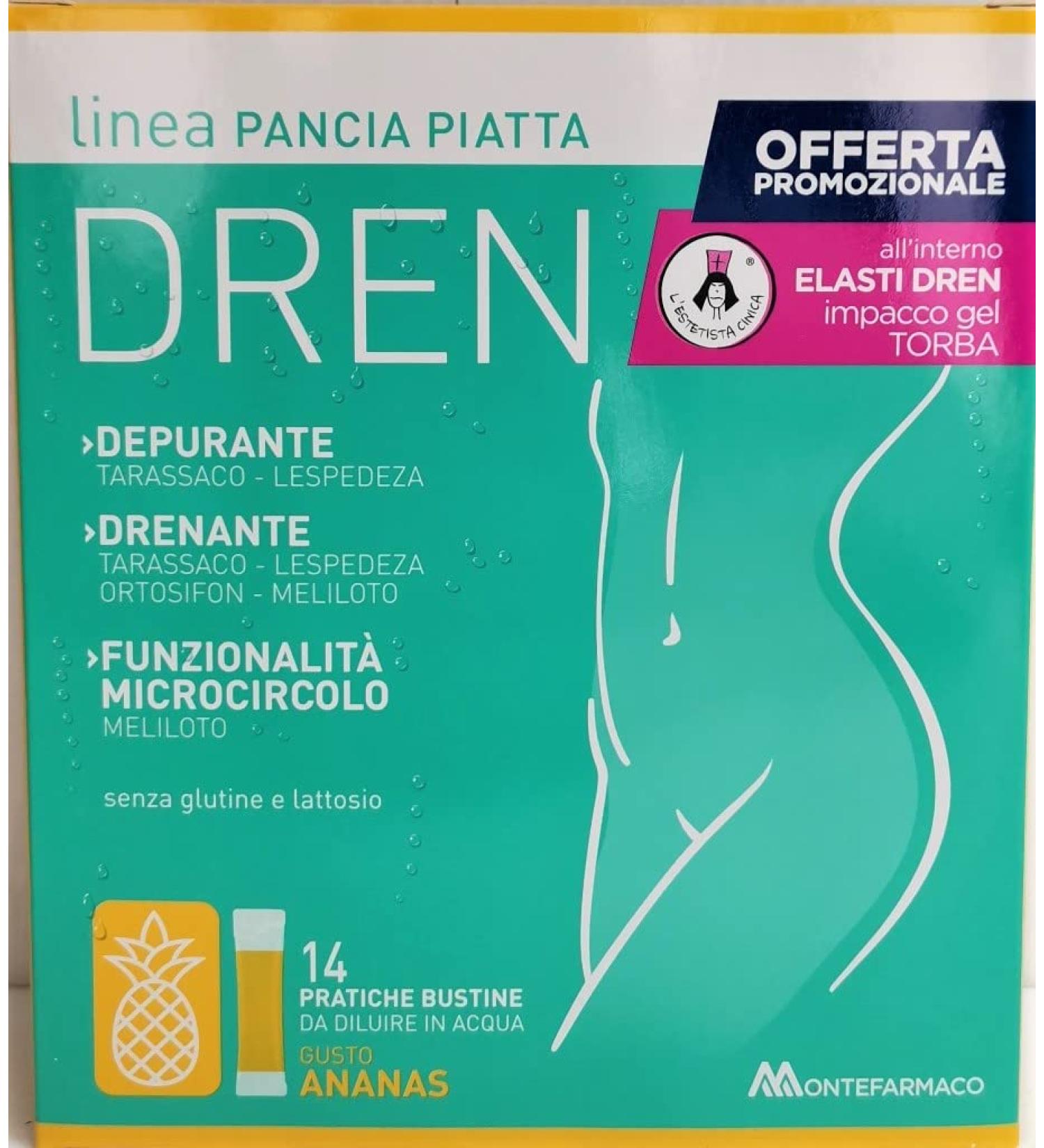 Montefarmaco Flat Stomach Drainage Gusto Pineapple 14 sachets + elastics Drainage Gel TORBA 100 ml