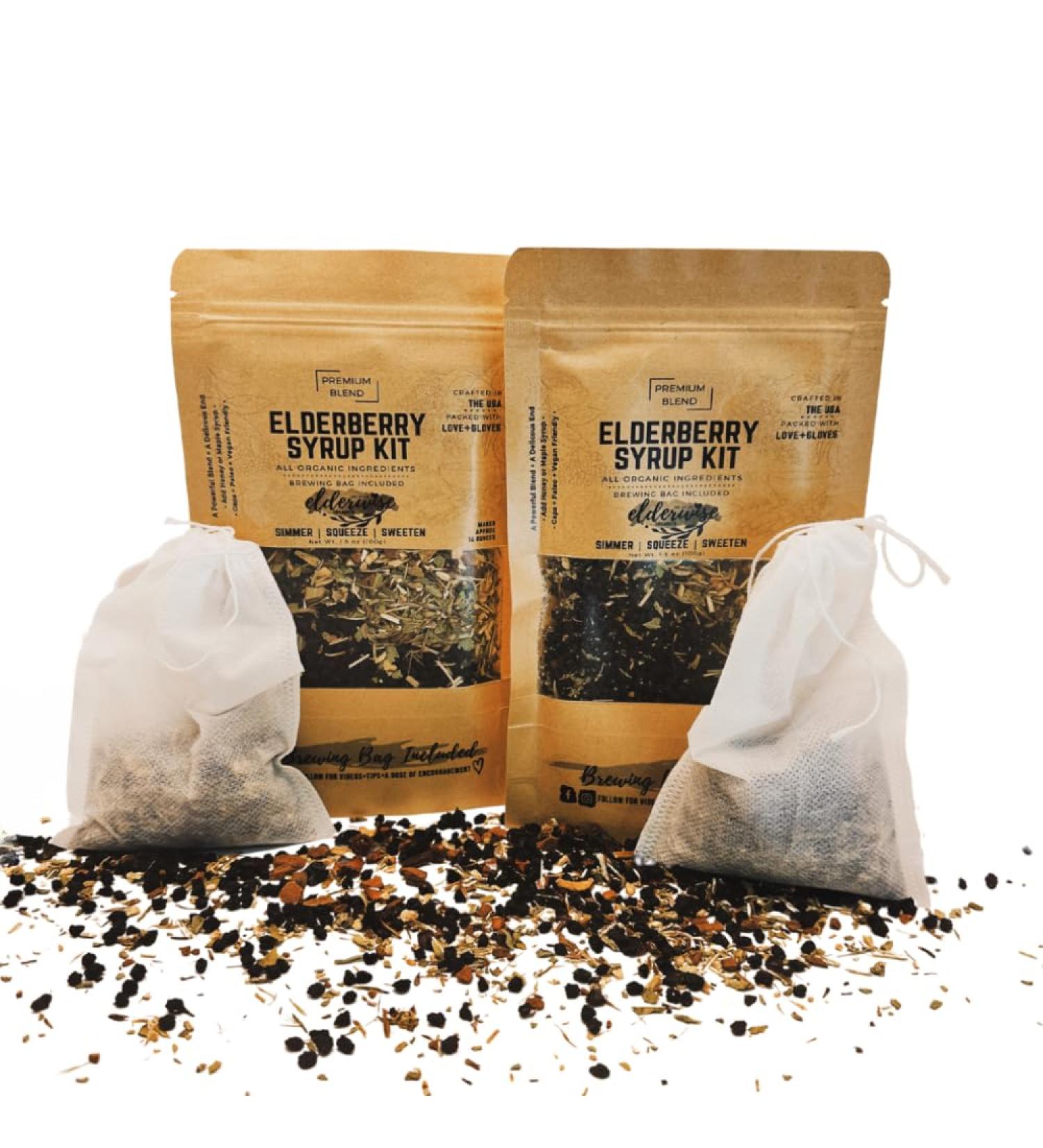 Elderberry Syrup Kits 2X - Organic DIY Ingredients - Elderberries, Rosehips, Ginger, Echinacea - 16oz - Brewing Bag - Elderwise Organics - Buy Online on GoSupps.com