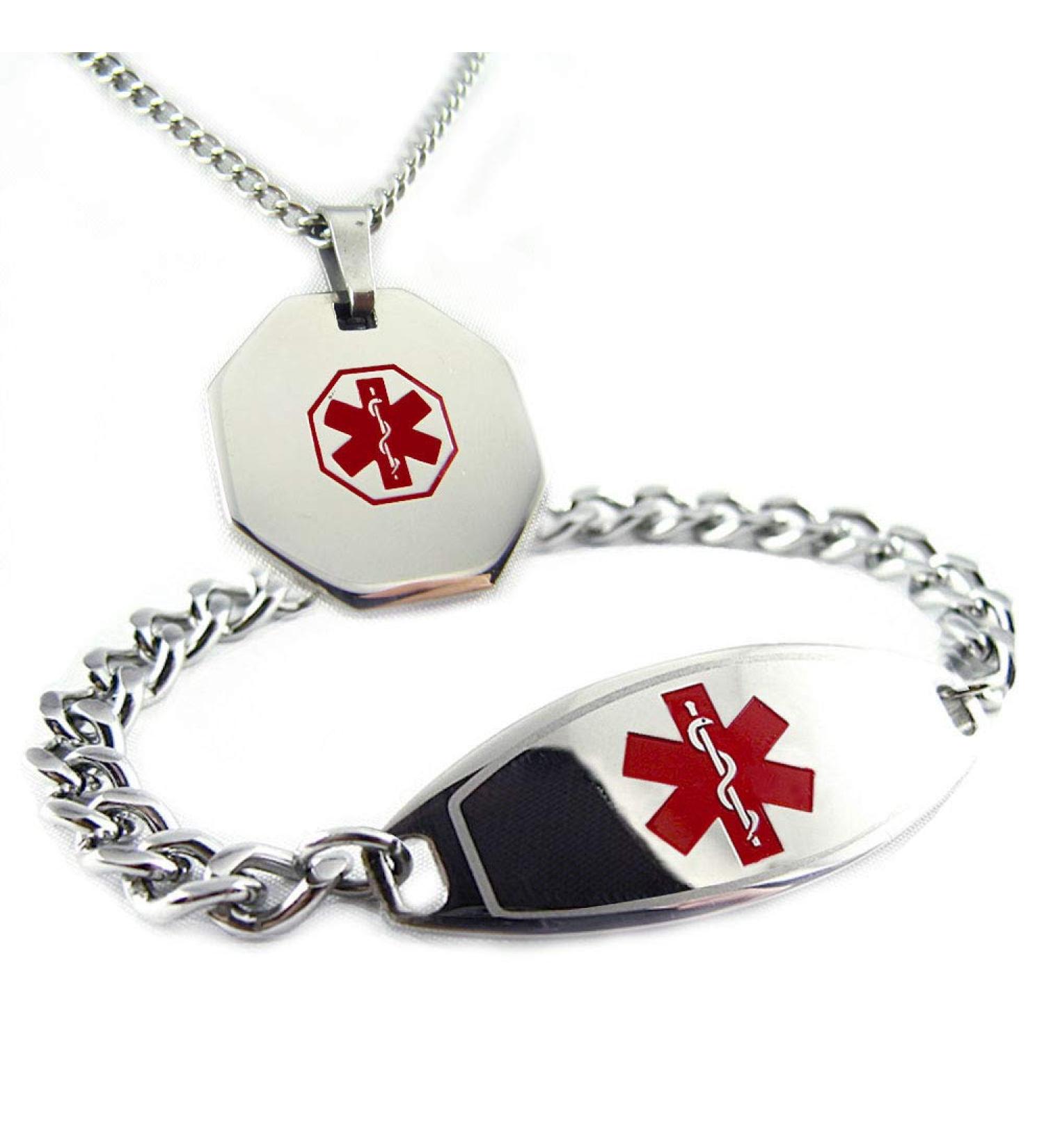 Custom Engraved Medical ID Bracelet & Necklace for Men - Stainless Steel 5.5" Red Personalized Health Alerts - Buy Online on GoSupps.com