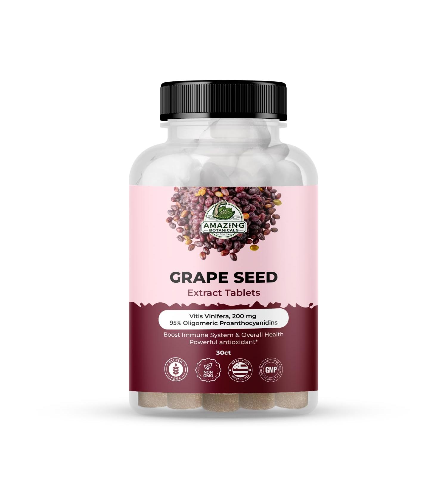 Amazing Botanicals Grape Seed Extract Tablets 30ct - 200mg Maximum Strength 95% Proanthocyanidins Standardized Extract - Immune System Booster - Antioxidants Supplement for Overall Health - Buy Online on GoSupps.com