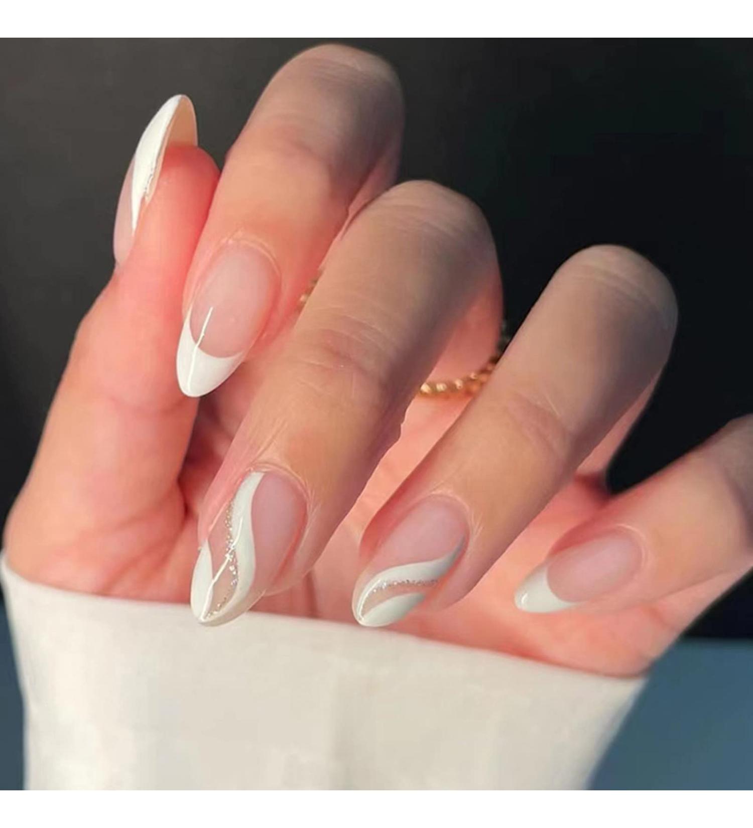 Justotry 24-Piece Almond Press-On Nails - Glossy White French Striped Glitter Artificial Nail Set for Women - Buy Online on GoSupps.com