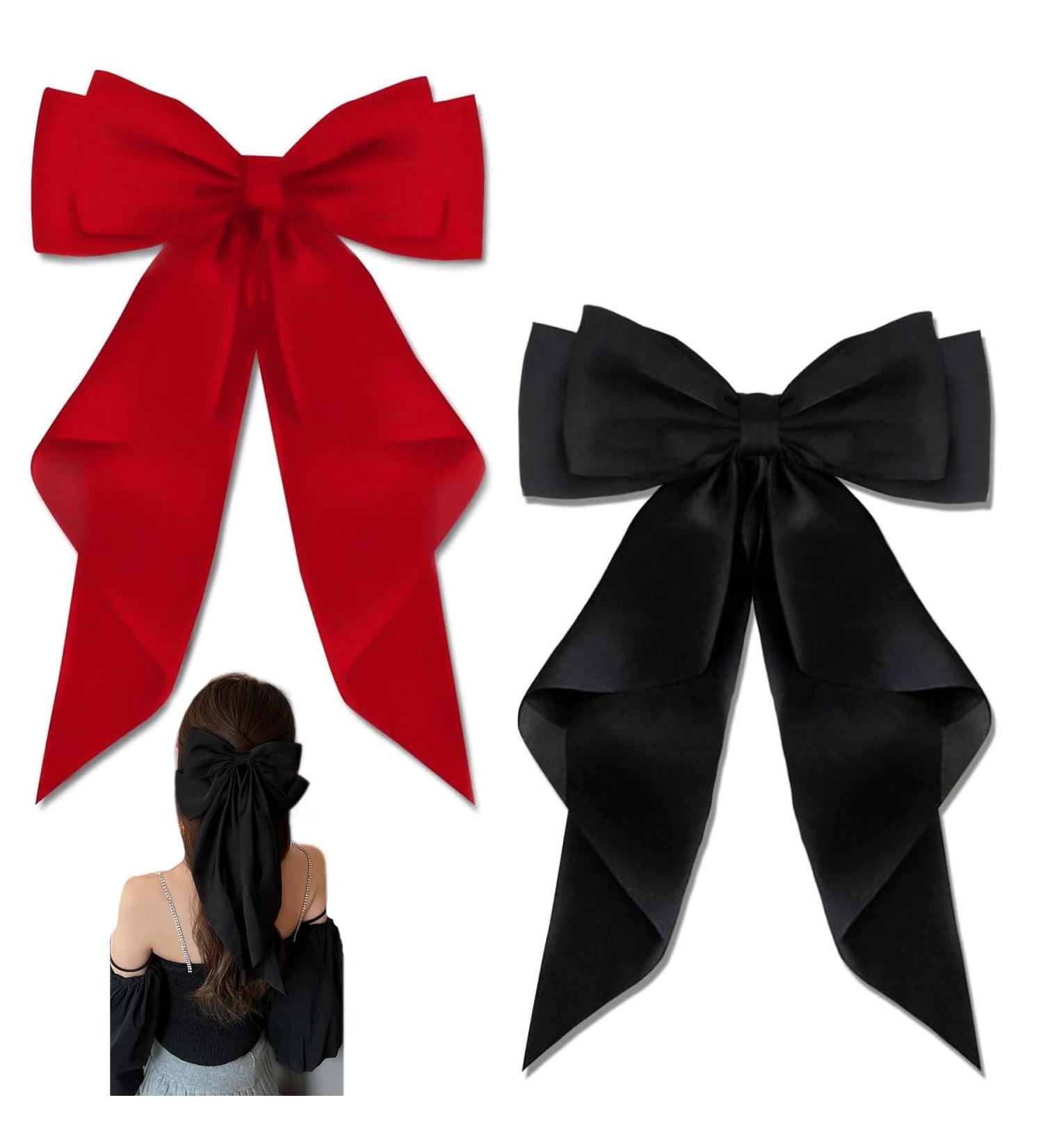 BAIYSFFG Big Bow Hair Clips with Long Silky Satin 2PCS Solid Color French Barrette Simple Hair Fastener Accessories for Women Girls Black Red - Buy Online on GoSupps.com