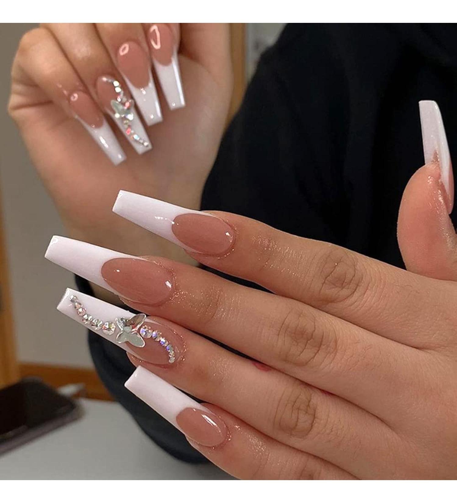 24 Pcs Long French White Butterfly Press on Nails with Rhinestone Design - Perfect for Women and Girls - Buy Online on GoSupps.com