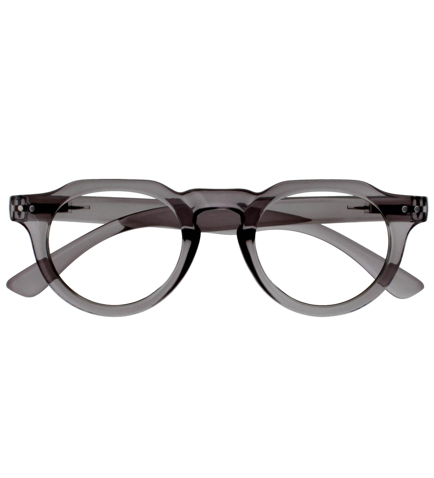 Opulize Rio Reading Glasses for Men & Women | Blue Light Filter | Flattened Frame | Spring Hinges | +1.50 Magnification | Transparent Medium Gray - Buy Online on GoSupps.com