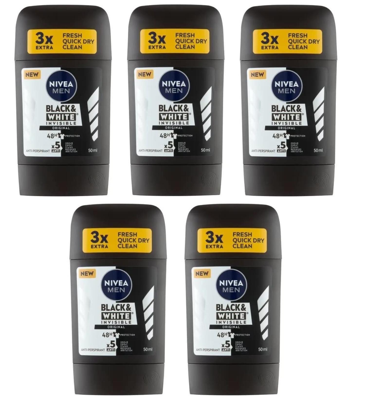 Nivea Men's 5-Pack Invisible Black & White Anti-perspirant Deodorant Solid Stick 50ml x 5 - Buy Online on GoSupps.com