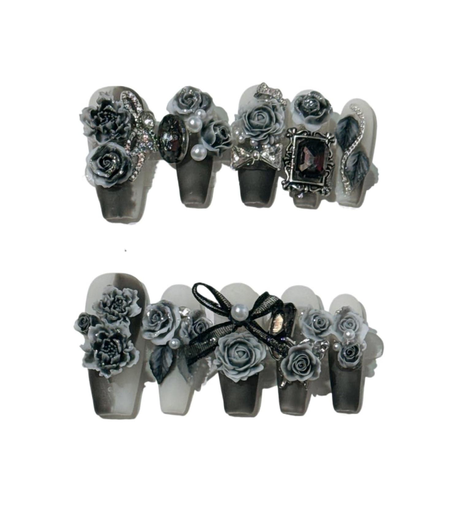 Handmade Nail Wearing and Nail Sculpture with Black Rose Ink Nail Fake Nails(Size:M) - Buy Online on GoSupps.com