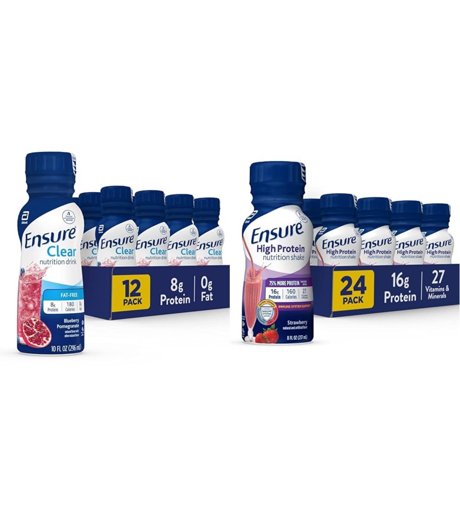 Ensure Liquid Clear Nutrition Drink 0g fat 8g of protein Blueberry Pomegranate 10 Fl Oz (Pack of 12) Bottle gluten free & Ensure High Protein Strawberry Nutrition Shake 24 Pack - Buy Online on GoSupps.com