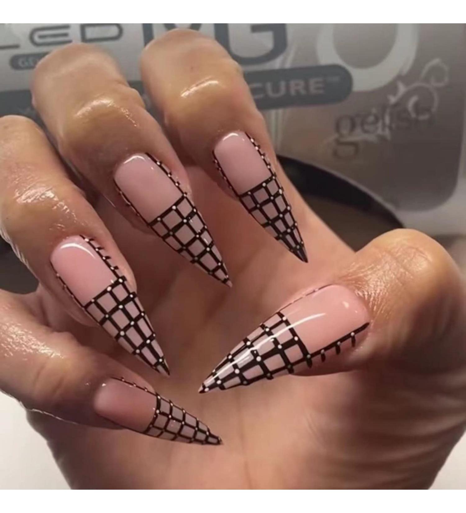 Justotry 24 Pcs Tartan Stiletto Fake Nails - Long Black French Press on Nails with Beautiful Pink Almond Patterns - Acrylic Extra Long False Nails for Women with Glue - Nail Art Black & Stiletto - Buy Online on GoSupps.com