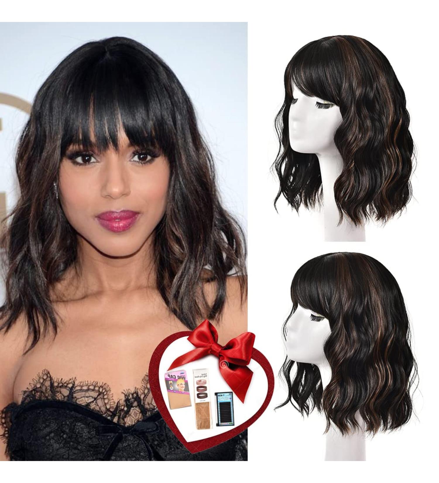 Short Brown Wavy Bob Wig with Bangs | Premium Synthetic Medium Length Wig for Women | Curly Dark Brown Cosplay Wig 12 Inch - Buy Online on GoSupps.com