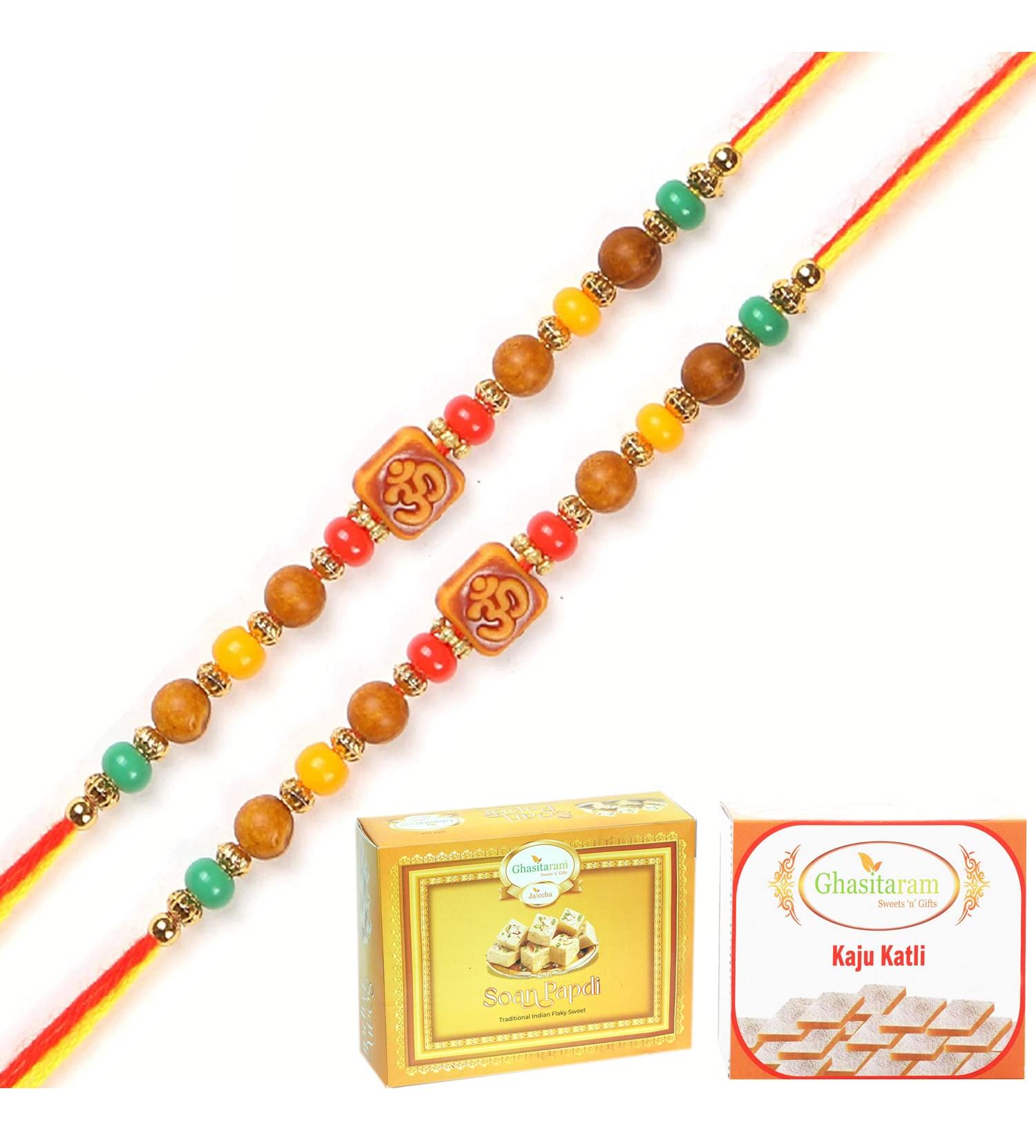 Ghasitaram Gifts Rakhis Online for Brother- Set of 2-6083 Rakhi Thread with 200 GMS of Kaju katli and 200 GMS of Soan Papdi 2 Rakhis with 200 gms of Kaju katli and Soan Papdi - Buy Online on GoSupps.com