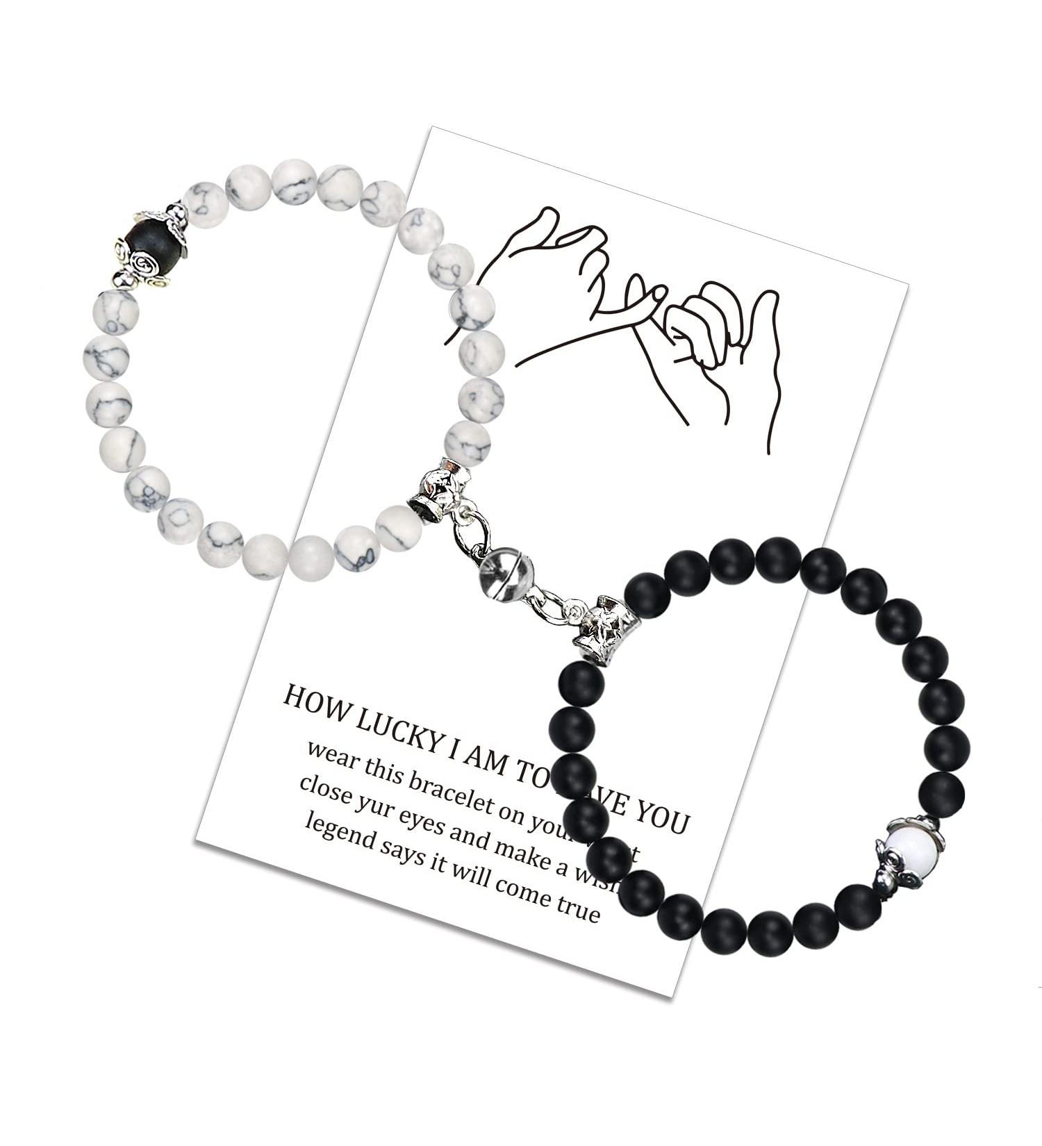 Luokifur Heart Magnetic Tar Bound Bracelets for Couples - Adjustable Pearl & Matt Stone Friendship Gifts in Black & White - Buy Online on GoSupps.com