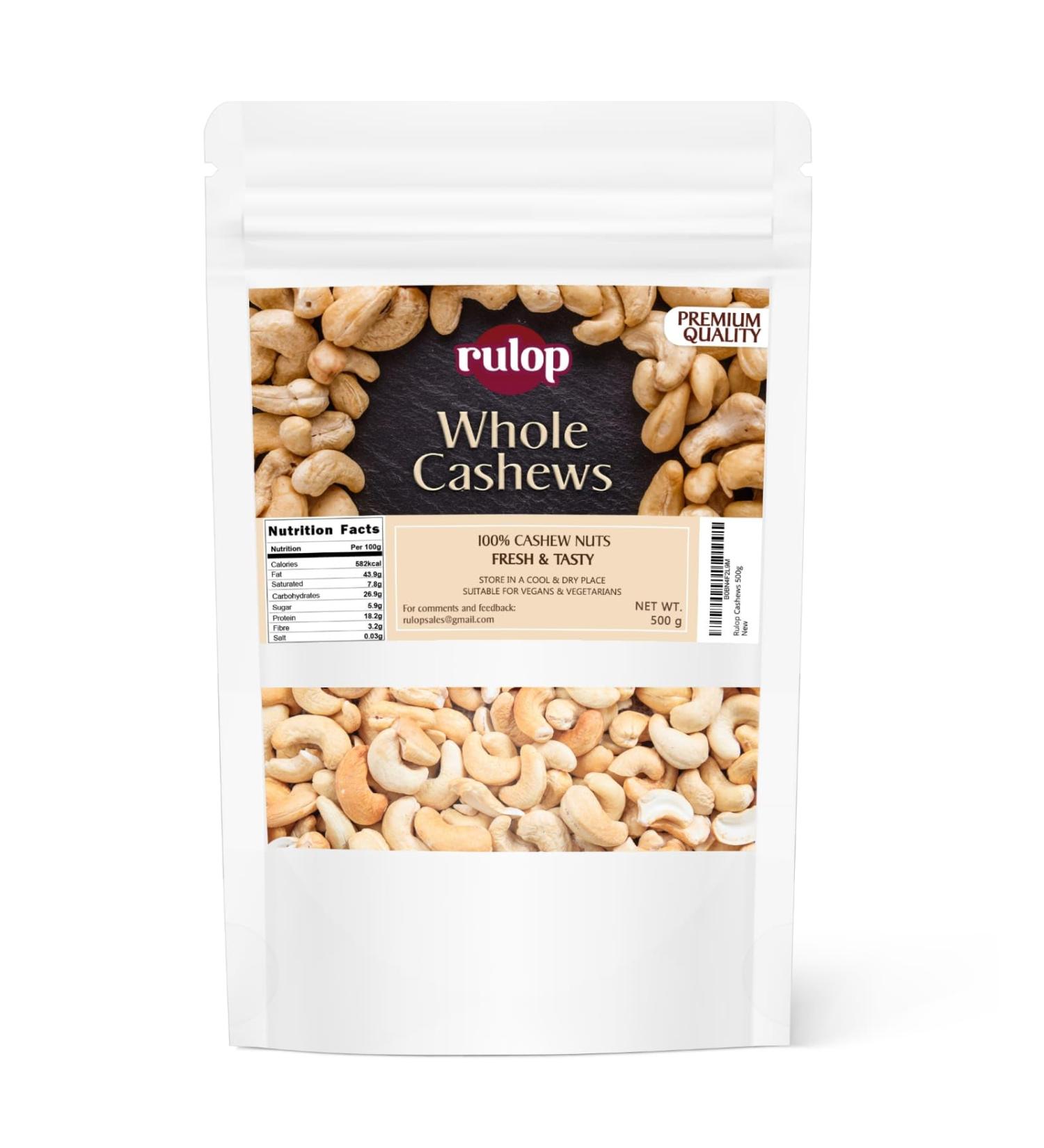 Rulop Raw Cashews 500g Nuts with Natural Fibre and Protein. A Fresh Healthy Snack with Resealable Bag 500.0 grams