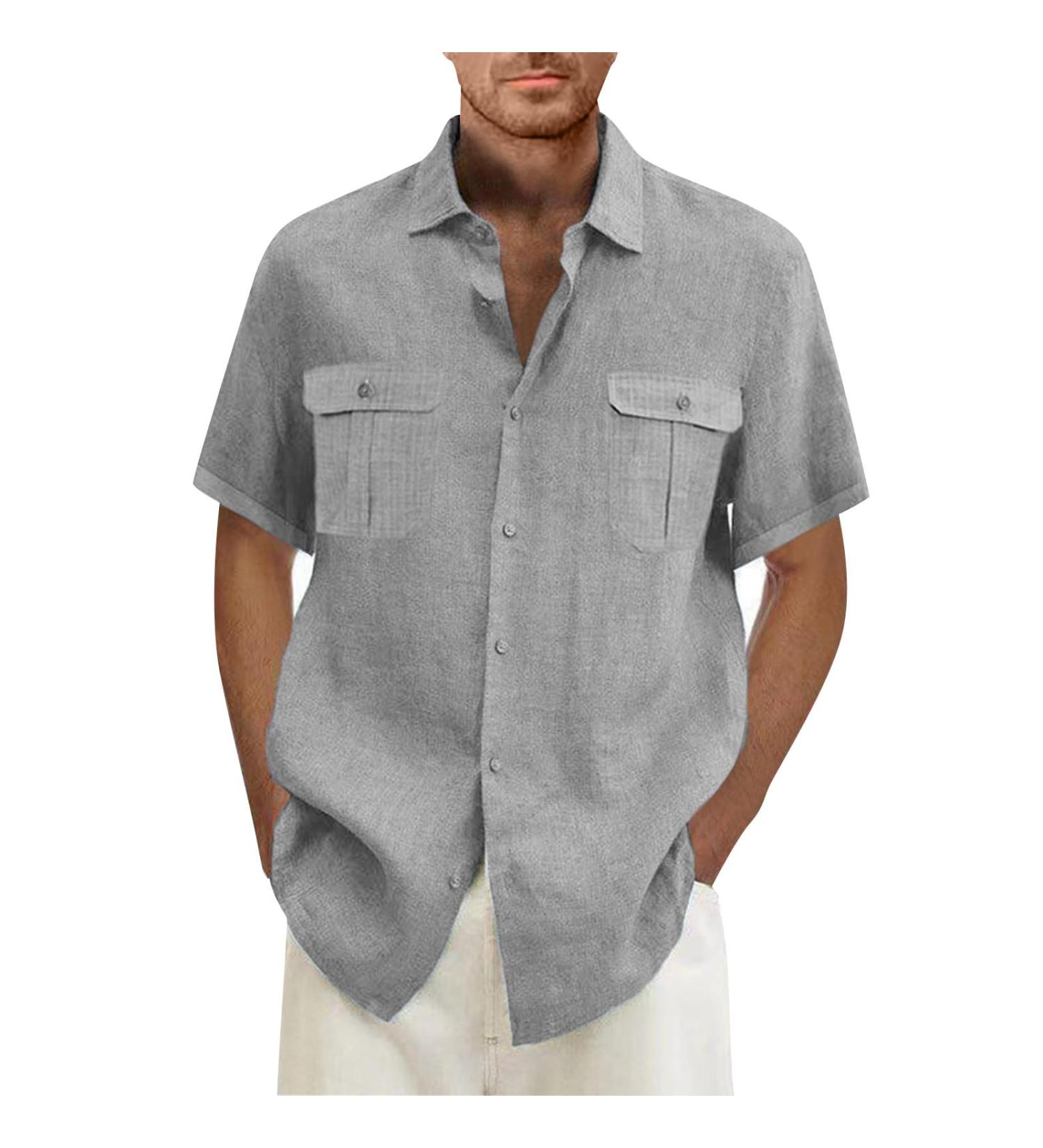 Men's Short Sleeve Revers Single-Colored Summer Shirt - Oversized 5XL Gray Leisure & Beach T-Shirt with 2 Breast Pockets - Buy Online on GoSupps.com