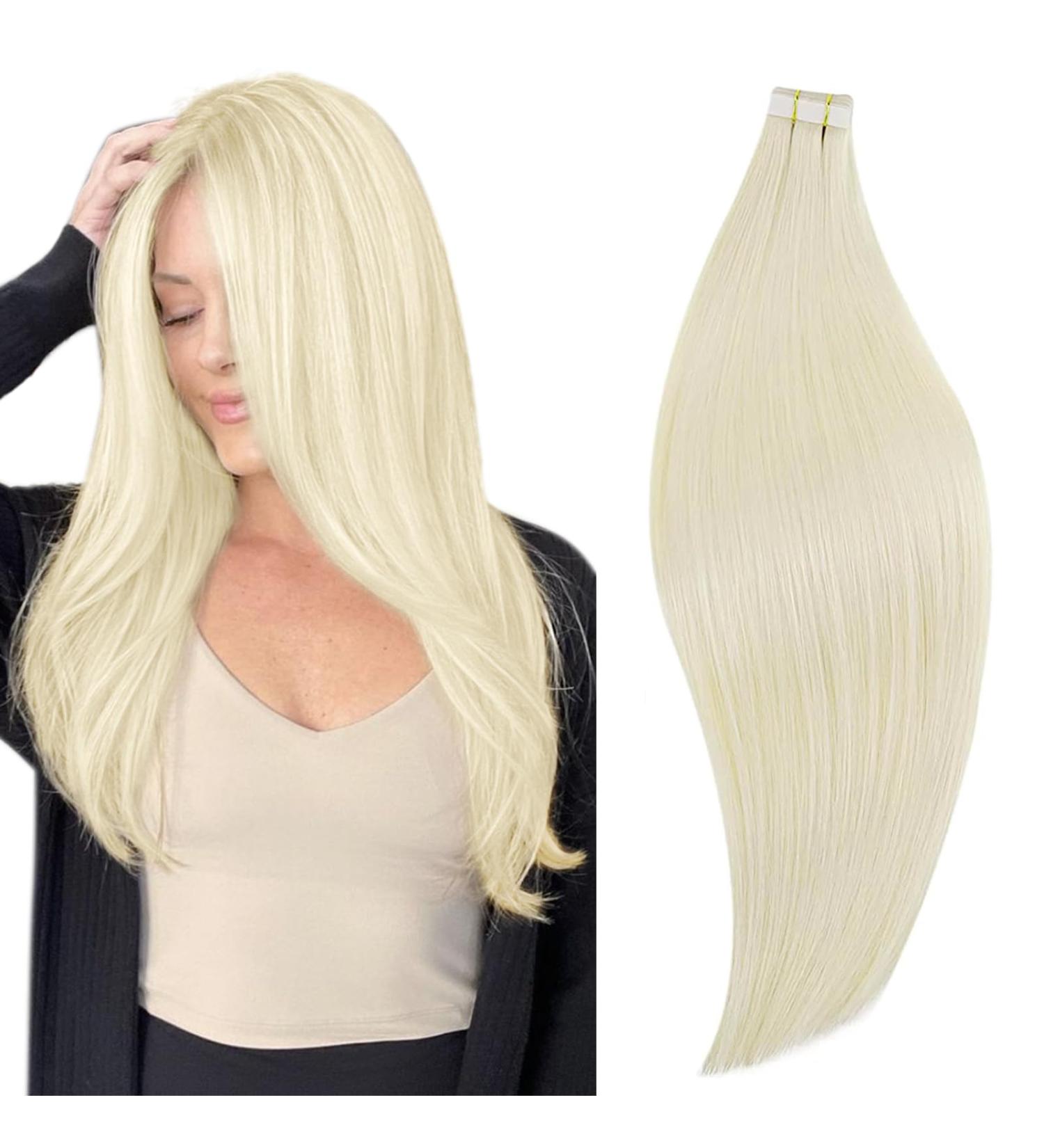 RUNATURE 28 Inch Platinum Blonde Long Tape in Human Hair Extensions - 50g 1-Tape #60 - Buy Online on GoSupps.com