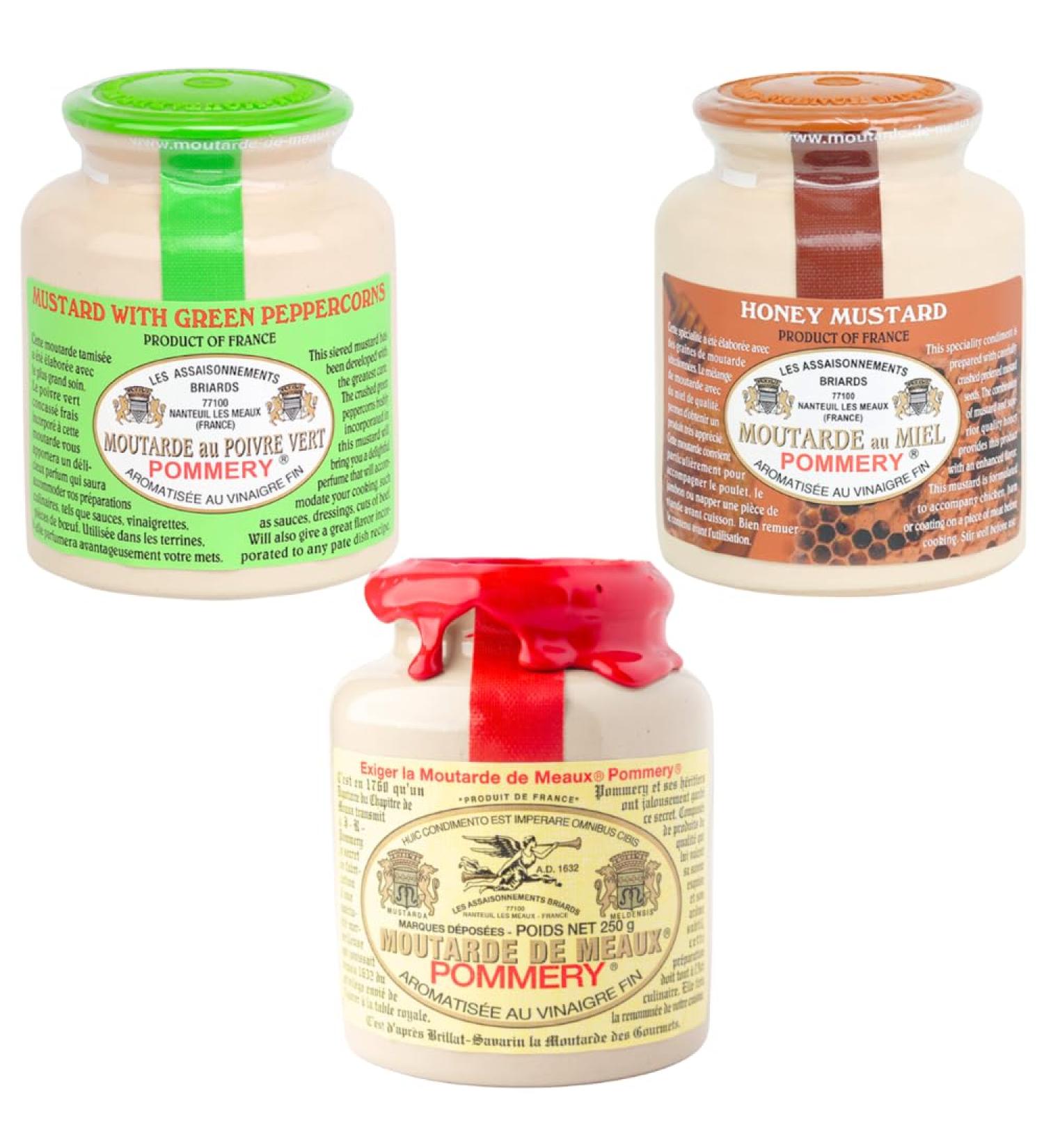 Pommery Mustard Trio with Wholegrain Honey and Green Peppercorn Mustard 250g x 3 - Buy Online on GoSupps.com