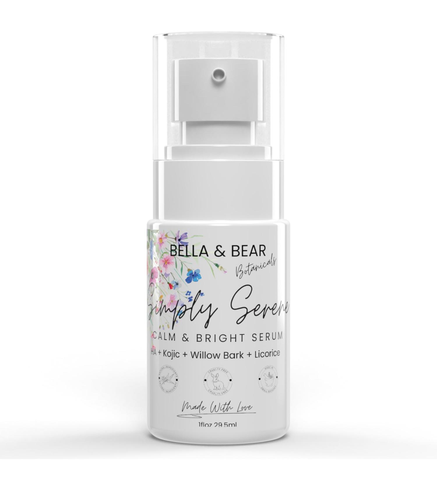 Bella & Bear Simply Serene Calm & Bright Serum for Dullness Dark Spots & Fine Lines - Visibly Brighter Even-Toned Skin with Kojic Acid Licorice Glycolic Acid & Plant-Based Hyaluronic Acid - Buy Online on GoSupps.com