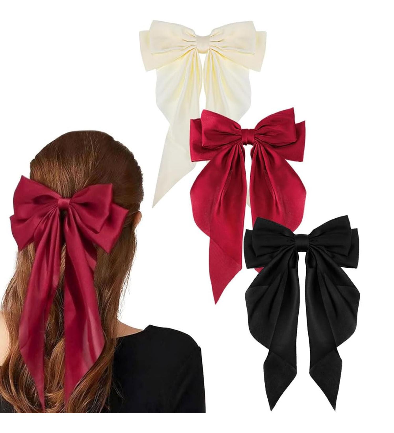 Hair Clips 3 Pcs Silky Satin Big Hair Bow Clips Barrettes with Long Tail French Hair Ribbon Bows for Women Girls Hair Ribbon Barrettes Metal Clips Bowknot Aesthetic Hair Accessories (Black White Red) - Buy Online on GoSupps.com