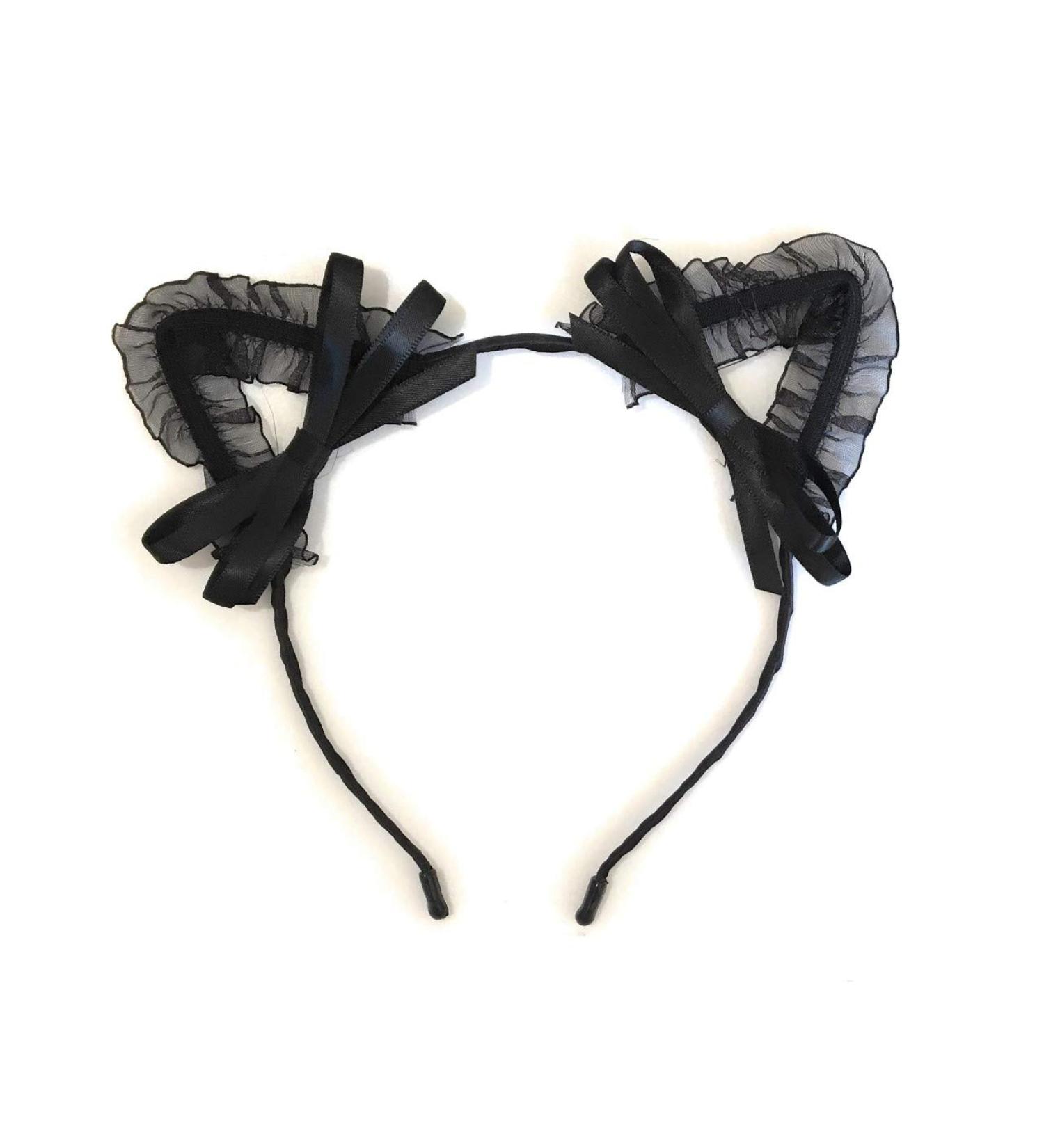 Girls Woman's Black Lace Cat Ear with Bow Headband Halloween Fancy Dress Party Hair Accessories