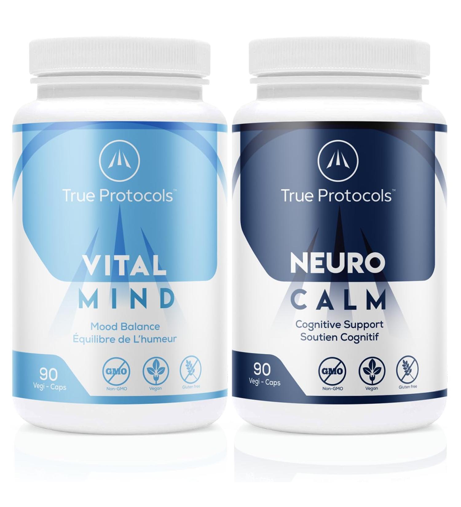 TRUE PROTOCOLS - Brain Protocol (2 items) - Neuro Calm (90 Capsules) and Vital Mind (90 Capsules) Combo Pack - For Optimal Cognitive Health Mood Balance & Brain Function - 100% Non-GMO Supplement - Buy Online on GoSupps.com