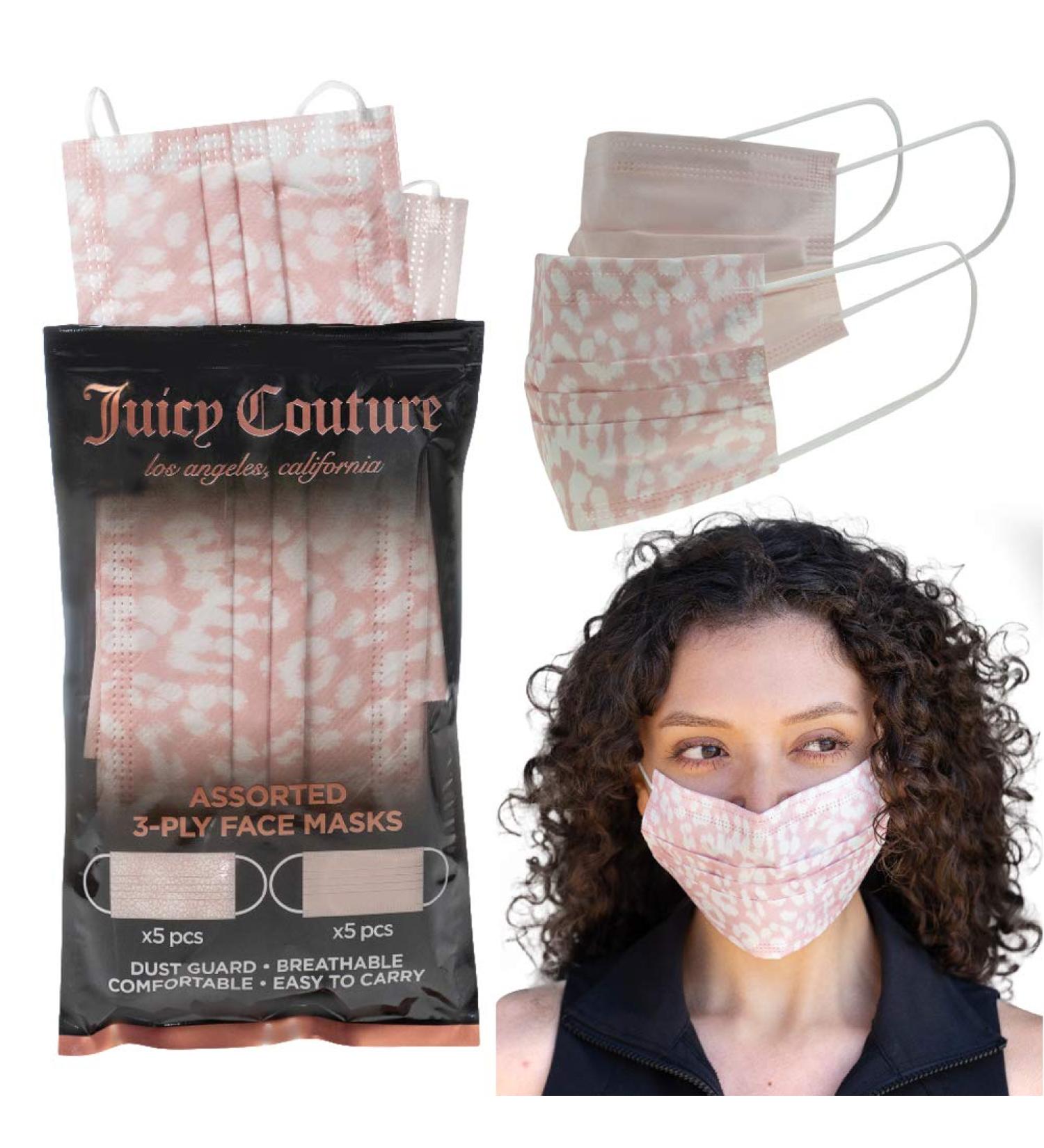 Juicy Couture 3-Ply Disposable Face Masks Pack - Blush Solid/Blush Leopard (10 Count) - Buy Online on GoSupps.com