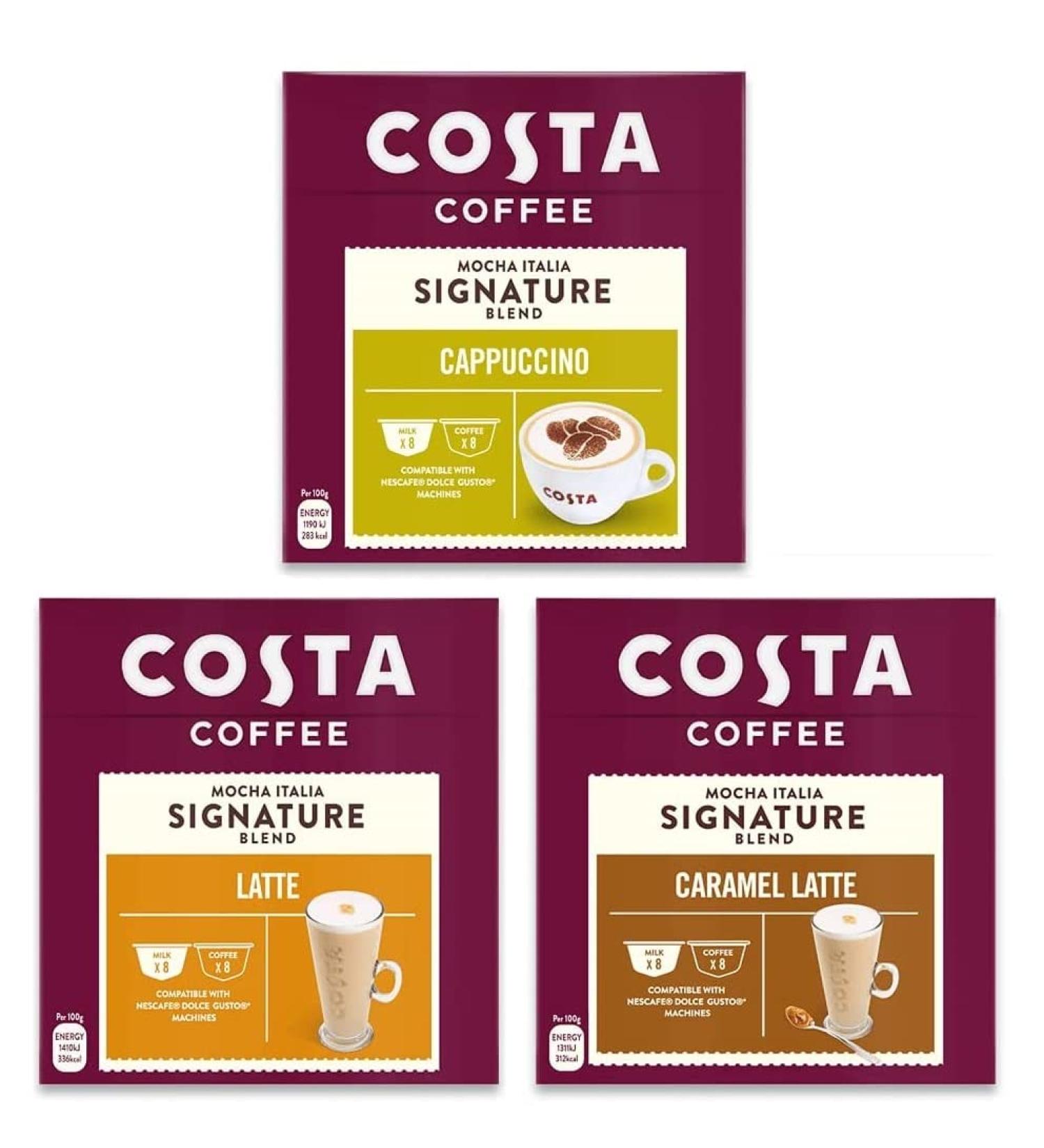 Pack of 3 boxes of 16 capsules compatible with Dolce Gusto Costa - Latte Caramel Cappuccino - Total of 48 pods - 24 drinks - Buy Online on GoSupps.com