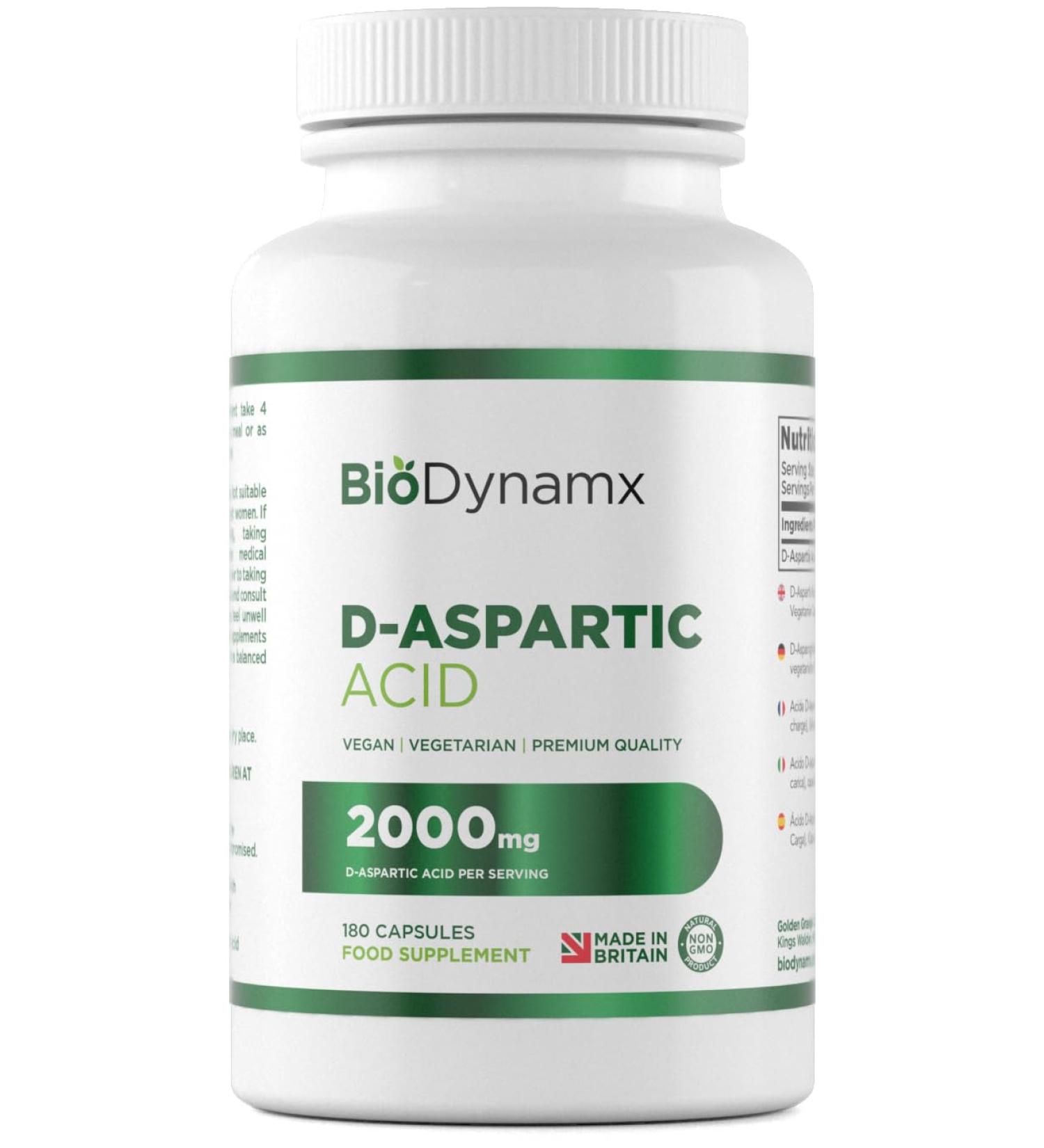 BioDynamx D Aspartic Acid | 180 Capsules | 500mg D-Aspartic Acid Supplement | Non-GMO & Allergen Free | UK Made - Buy Online on GoSupps.com