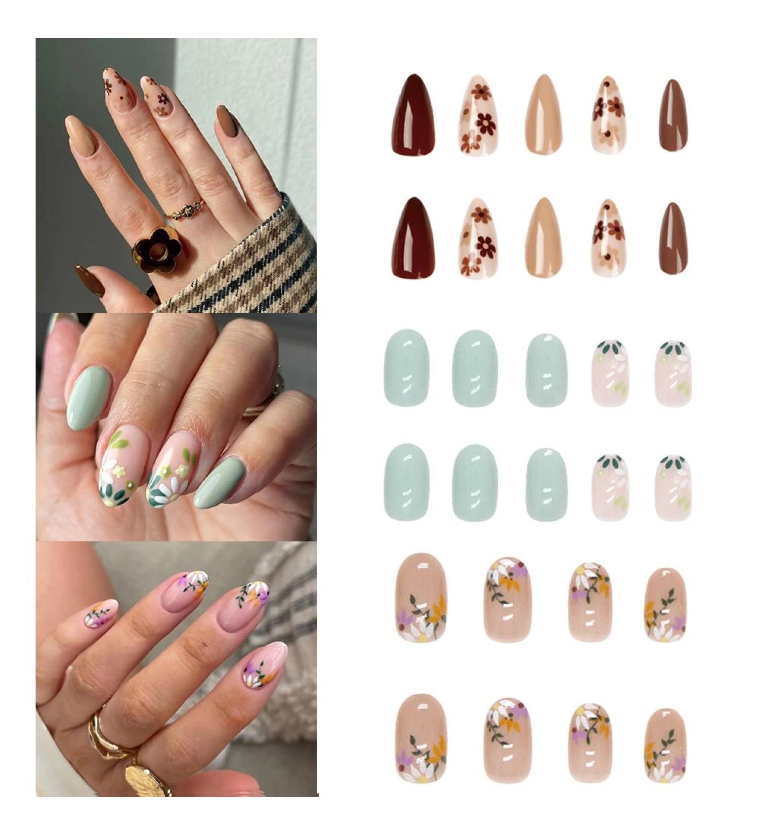 72 Pcs Colorful Flower Coffin Fake Nails - Luxurious Designs for Women | Short Almond Press on Nails - Exquisite & Stylish - Buy Online on GoSupps.com