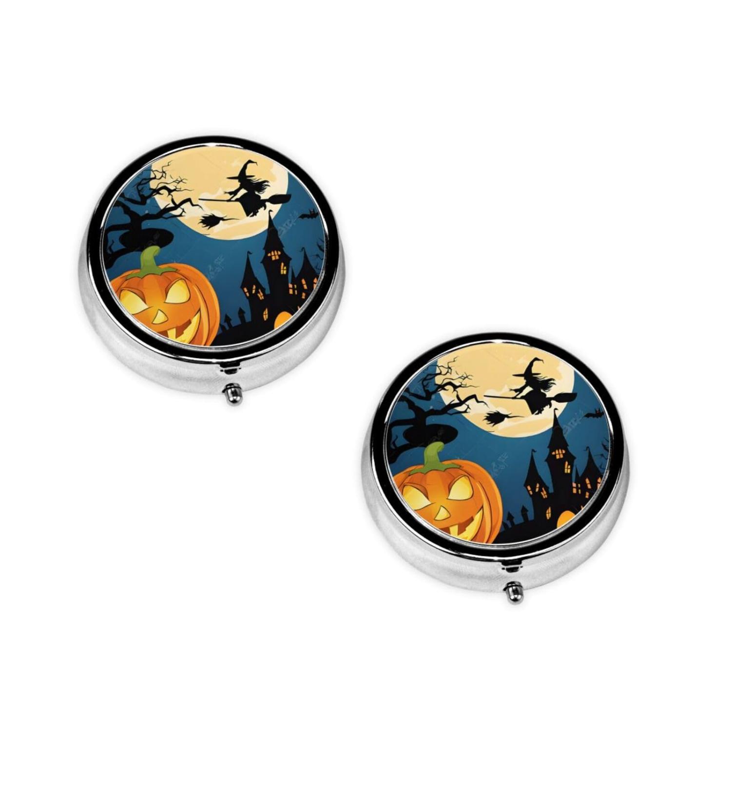 Pumpkin Halloween Round Pill Box | 3 Compartment Mini Travel Organizer | Decorative Pocket Medicine Holder - Buy Online on GoSupps.com