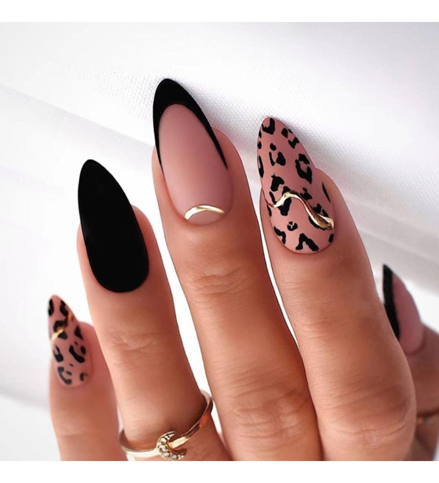 24pcs/Set Long Stiletto Fake Nails Punk Snake Pattern Black White Matte False Nails Artificial Full Nail Tips Manicure Tools B-8