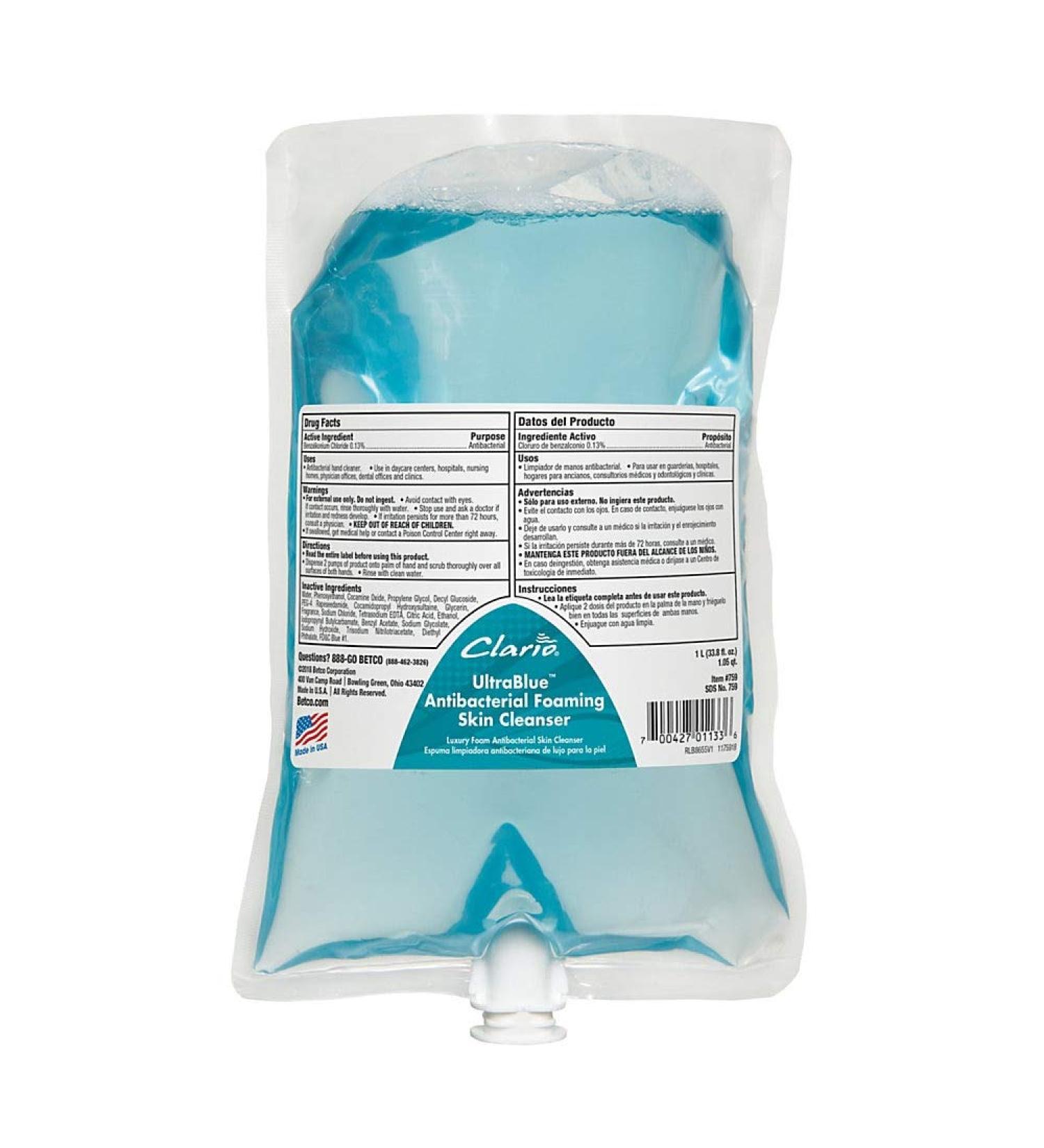 Betco Clario Ultrablue Antibacterial Foaming Skin Cleanser - Clean Ocean Scent - 1,000 mL (Case of 6) - Buy Online on GoSupps.com
