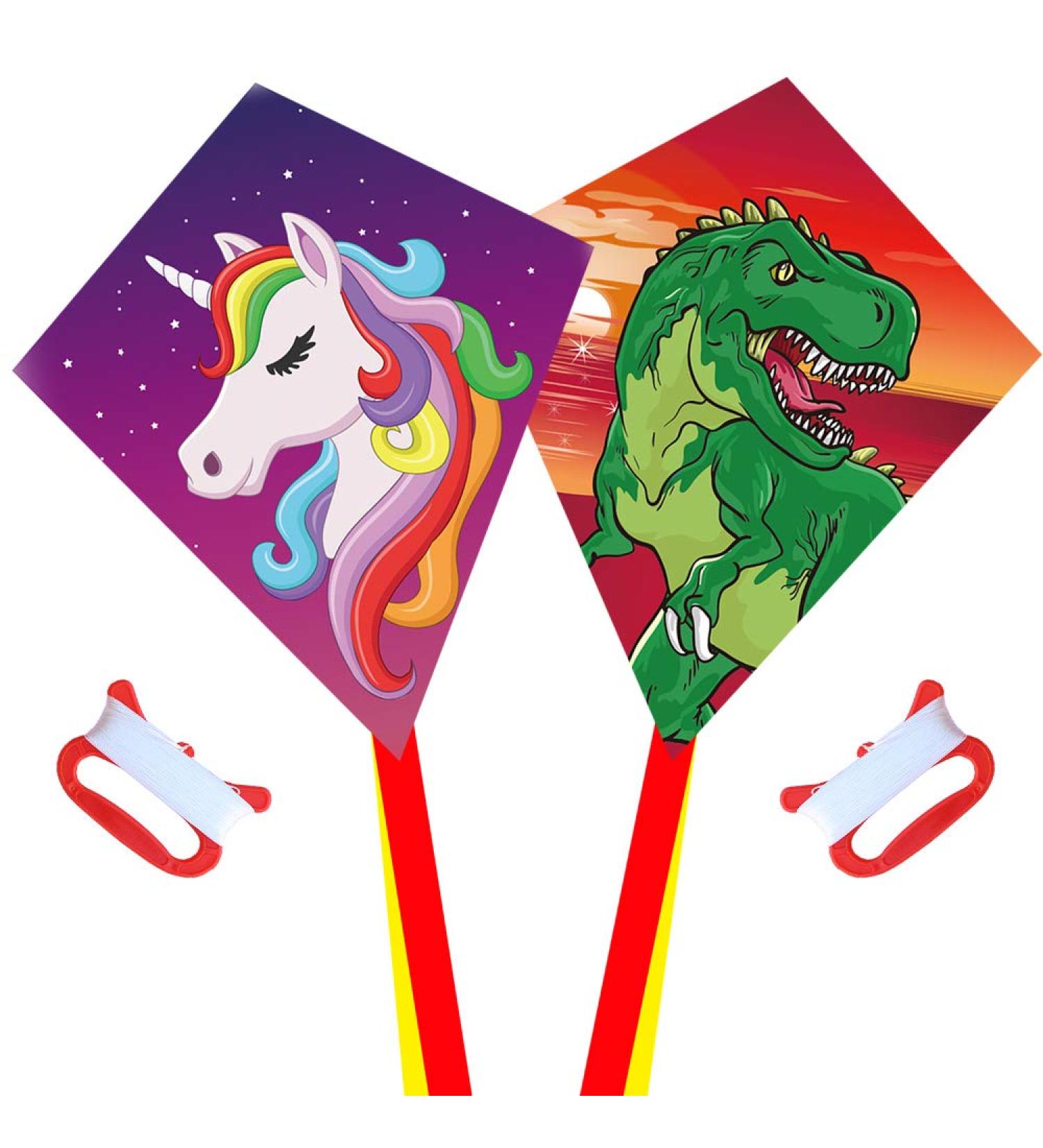 Diamond Kite 2 Pack Dinosaur & Unicorn Eddy Kite Bundle | Beginner Kite Set for Kids | Ideal for Ages 3 & Up | Includes Kite Handle, 60m String, Swivel, & Long Tails | 60x70cm - Buy Online on GoSupps.com