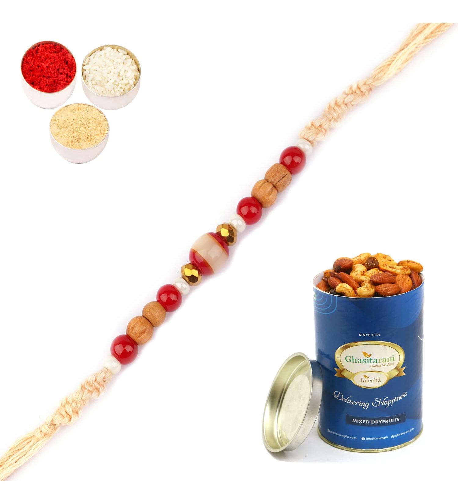 Ghasitaram Gifts Rakhi for Brother Rakhis Online - 1889 Fancy Thread Rakhi with 100 GMS of Dryfruits Mix Can Rakhi Set with 100 gms of Dryfruits Mix Can - Buy Online on GoSupps.com