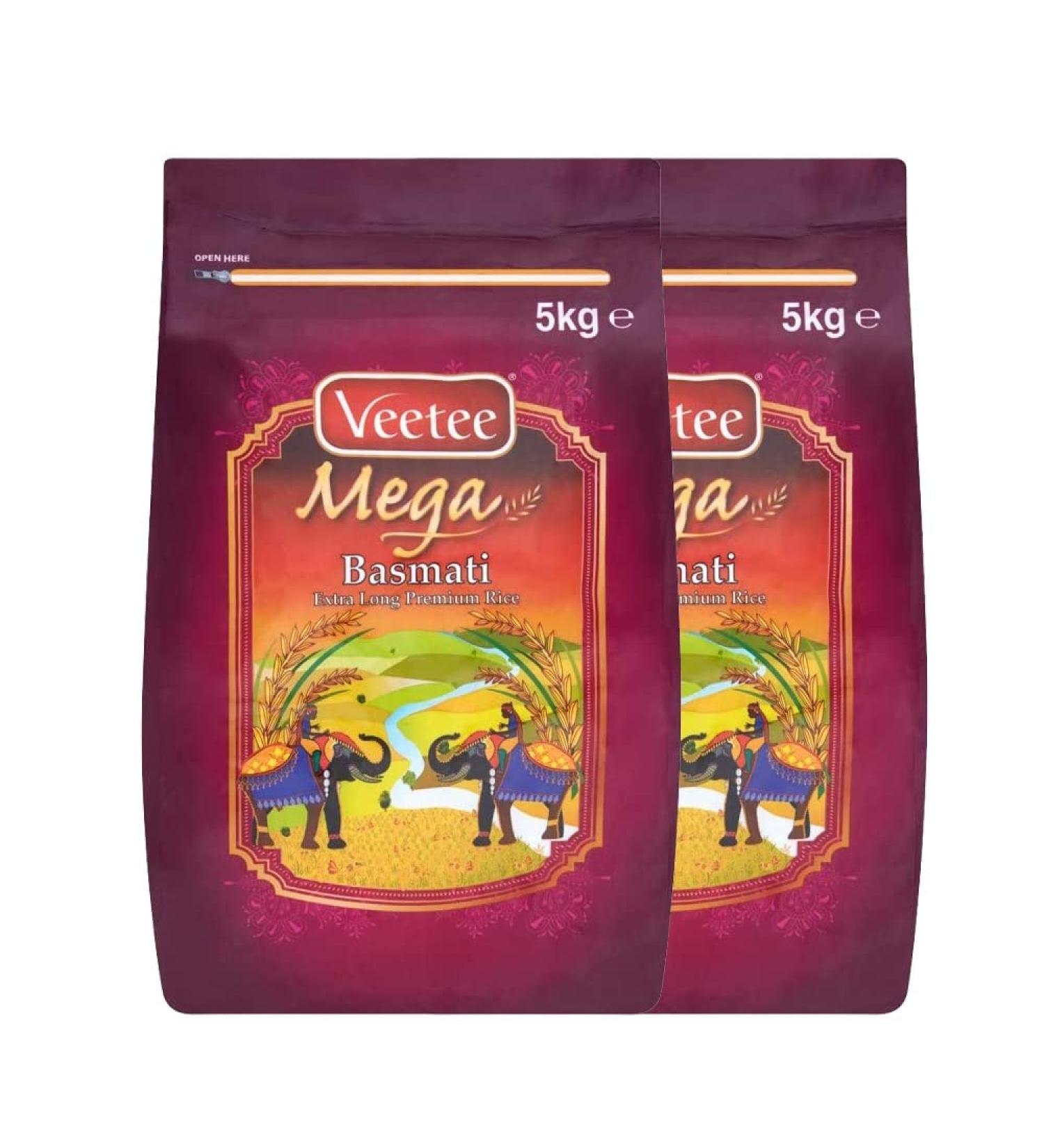 Veetee Mega Extra Long Basmati Rice | 5KG | Long Grain | Great Taste and Aroma | Long Grain Basmati Rice for Biryani | High Fibre & Protein | Gluten Friendly |Indian Origin (Pack of 2)