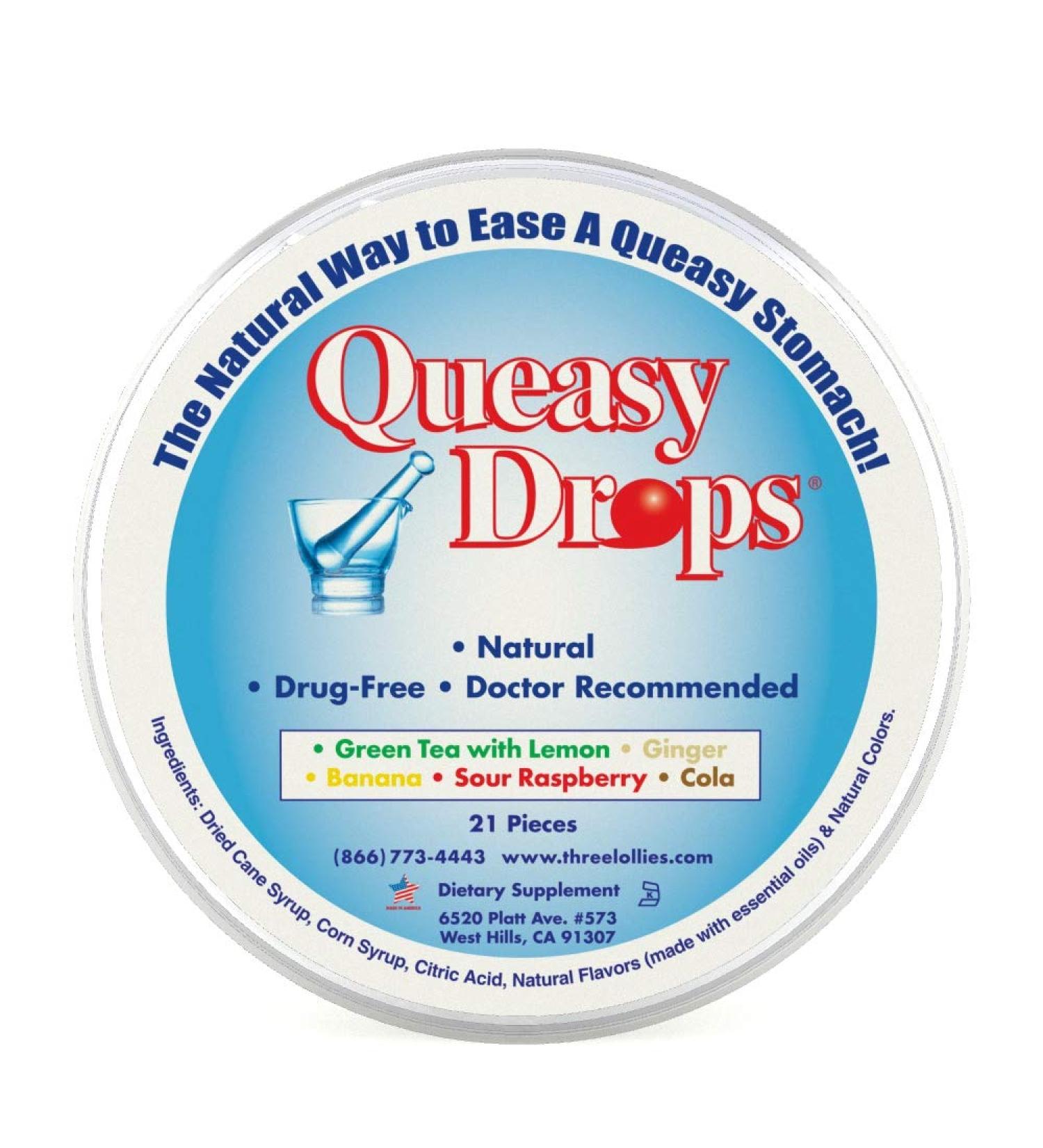 Three Lollies Queasy Drops - Assorted Nausea Relief | Green Tea, Ginger, Banana, Sour Raspberry, Cola | 21 Drops Pack - Buy Online on GoSupps.com