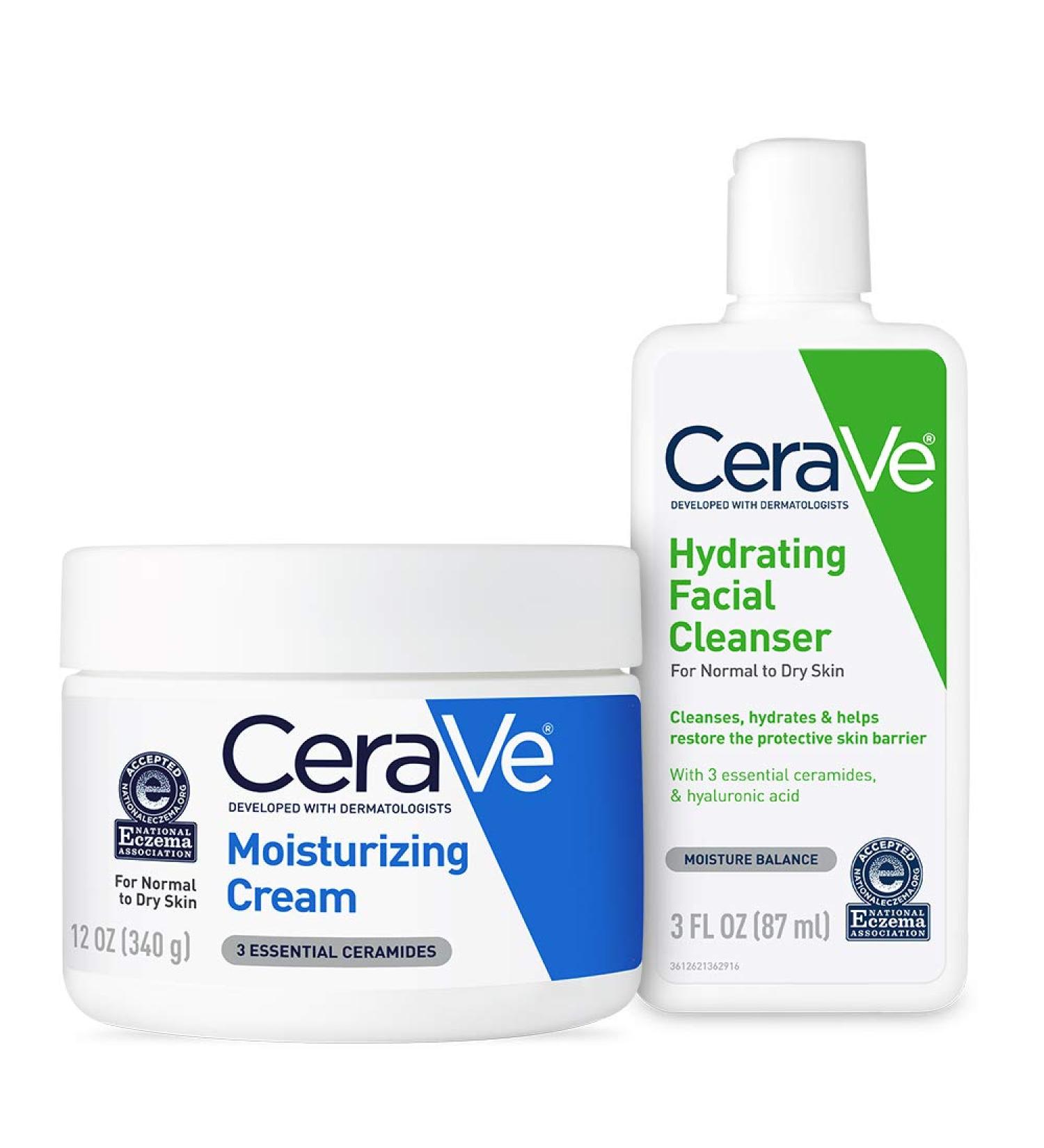 CeraVe Moisturizing Cream & Hydrating Face Wash Combo - 12oz Cream + 3oz Travel Cleanser - Buy Online on GoSupps.com