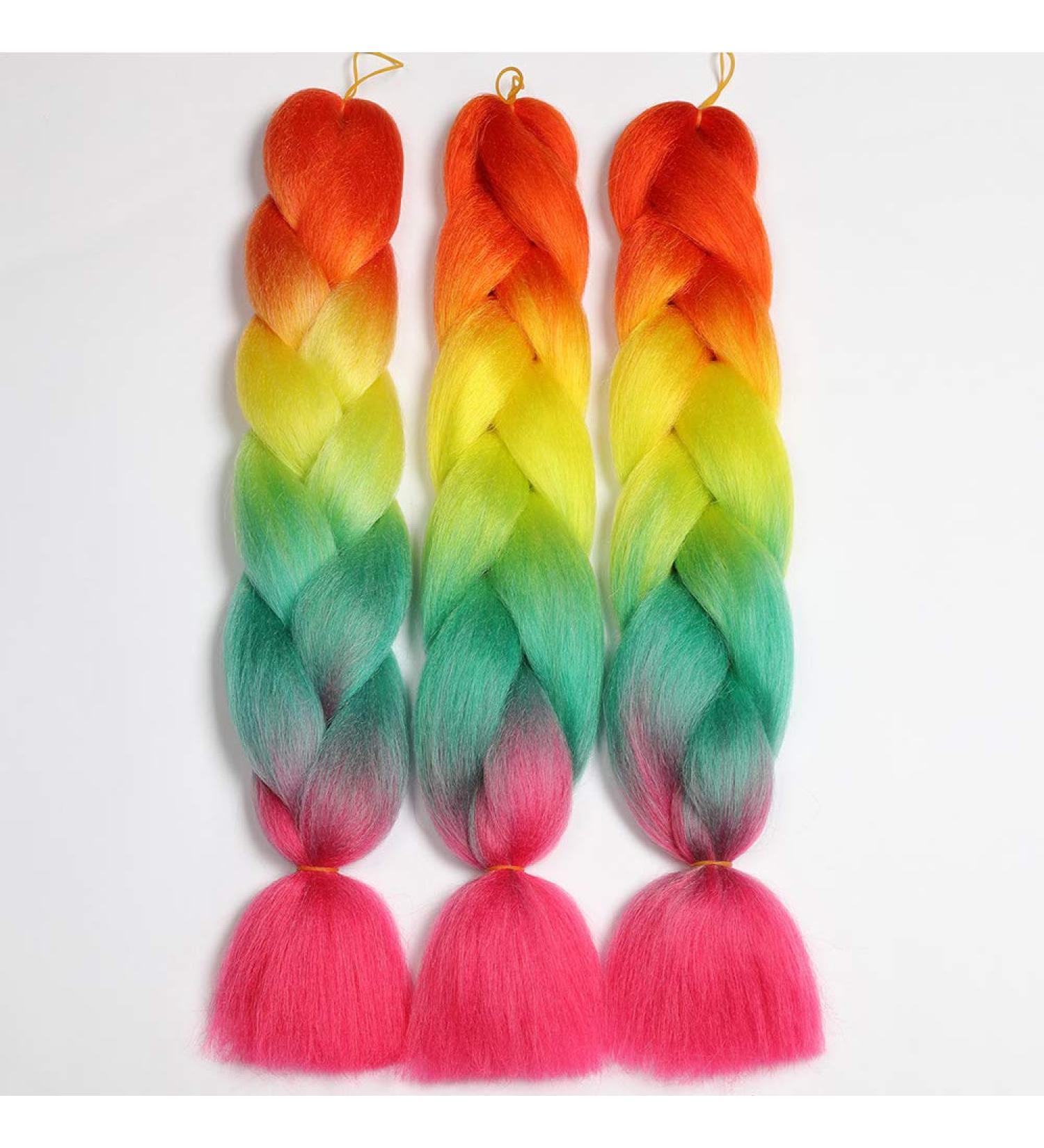 Showjarlly Kanekalon Ombre Braid Hair Extensions - 3PCS 100G for Crochet & Braiding - 24 Inch (Orange/Yellw/Green/Pink) - Buy Online on GoSupps.com