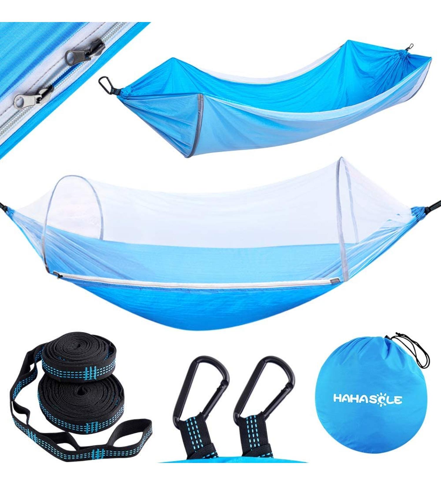 HAHASOLE Camping Hammock with Mosquito Net - Lightweight Ripstop Nylon Bed Set for Hiking & Backpacking - Includes Tree Straps & Carabiners - Portable Outdoor Gear - Buy Online on GoSupps.com
