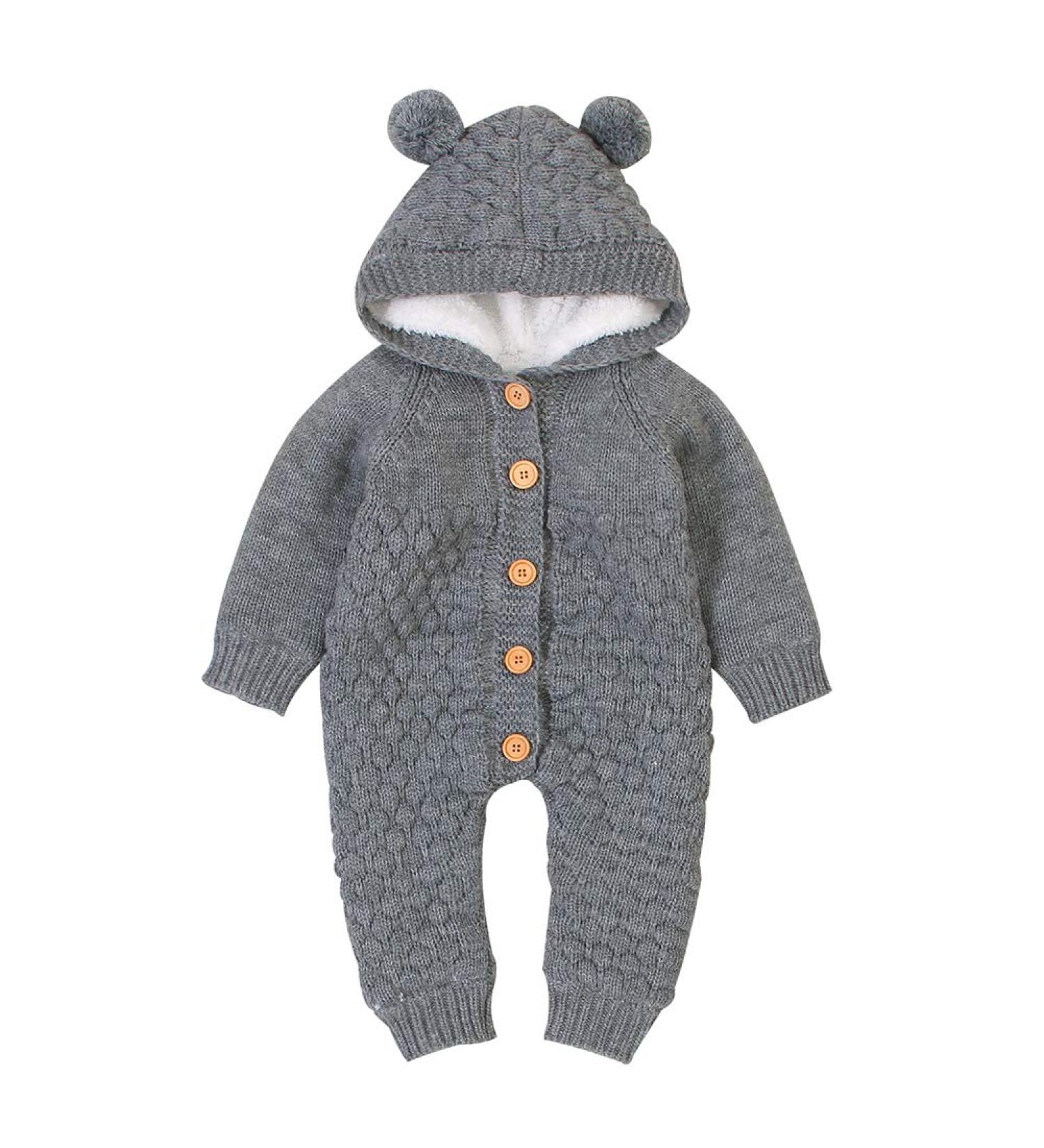 VICROAD Baby Hooded Knitted Romper 6-12 Months Grey - Warm Sweater Jumpsuit for Newborn Girls Boys - Buy Online on GoSupps.com