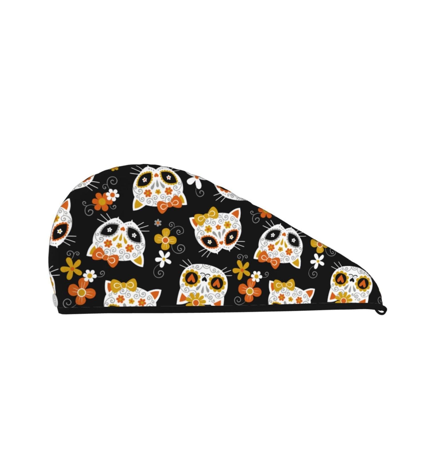 Hair Towel Wrap with Button - Fast Drying Towel Turban for Quick Hair Drying (Cat Skulls & Flowers) - Best Hair Drying Solution - Buy Online on GoSupps.com