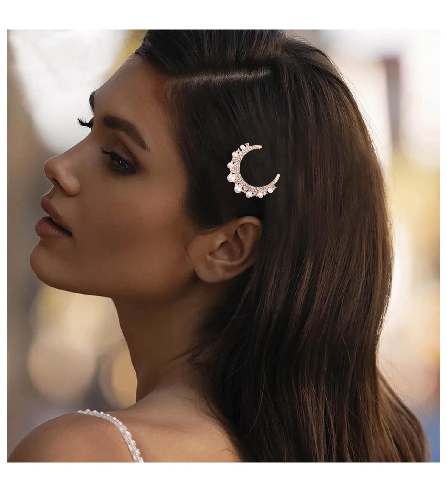 Inilbran Boho Crystal Pearl Moon Hairpin Clip Vintage Cz Crescent Moon Hair Barrette Clip Gold Rhinestone Pearl Hair Clip Hairpin Decorative Bobby Pins Pearl Bride Hair Accessories for Women - Buy Online on GoSupps.com