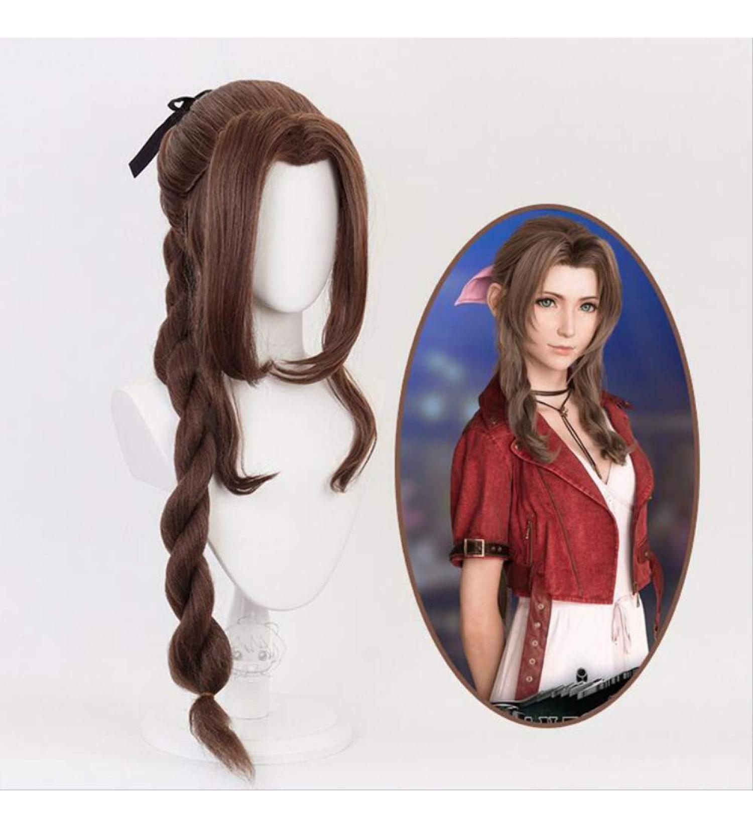Final Fantasy VII Aerith Gainsborough Cosplay Wig - 100cm Pigtail Wavy Curly Hairpiece for Women - Buy Online on GoSupps.com