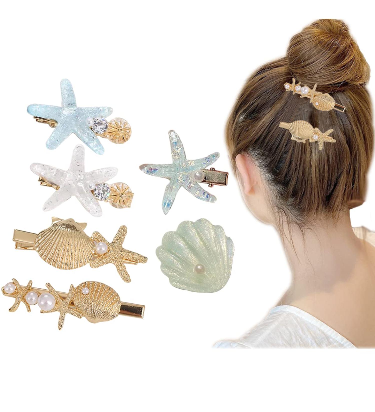 Shell Pearl Starfish Hair Clip Set - 6 Pcs Princess Hair Accessories for Women and Girls - Buy Online on GoSupps.com