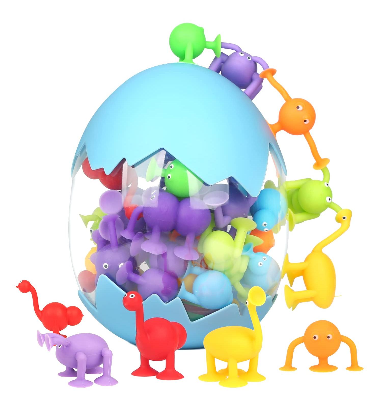 Suction Toys 40 Pcs Kids Bath Toys Sensory Toys for 3 4 5 6 7 Year Old Boys Girls Stress Release Toys Travel Toys Suction Cup Toys Silicone Animal Sucker Toys with Dinosaur Eggshell Storage - Buy Online on GoSupps.com